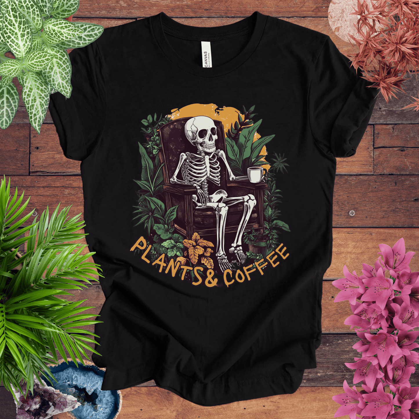Printify T-Shirt Black Heather / S Plants & Coffee Skeleton T-Shirt