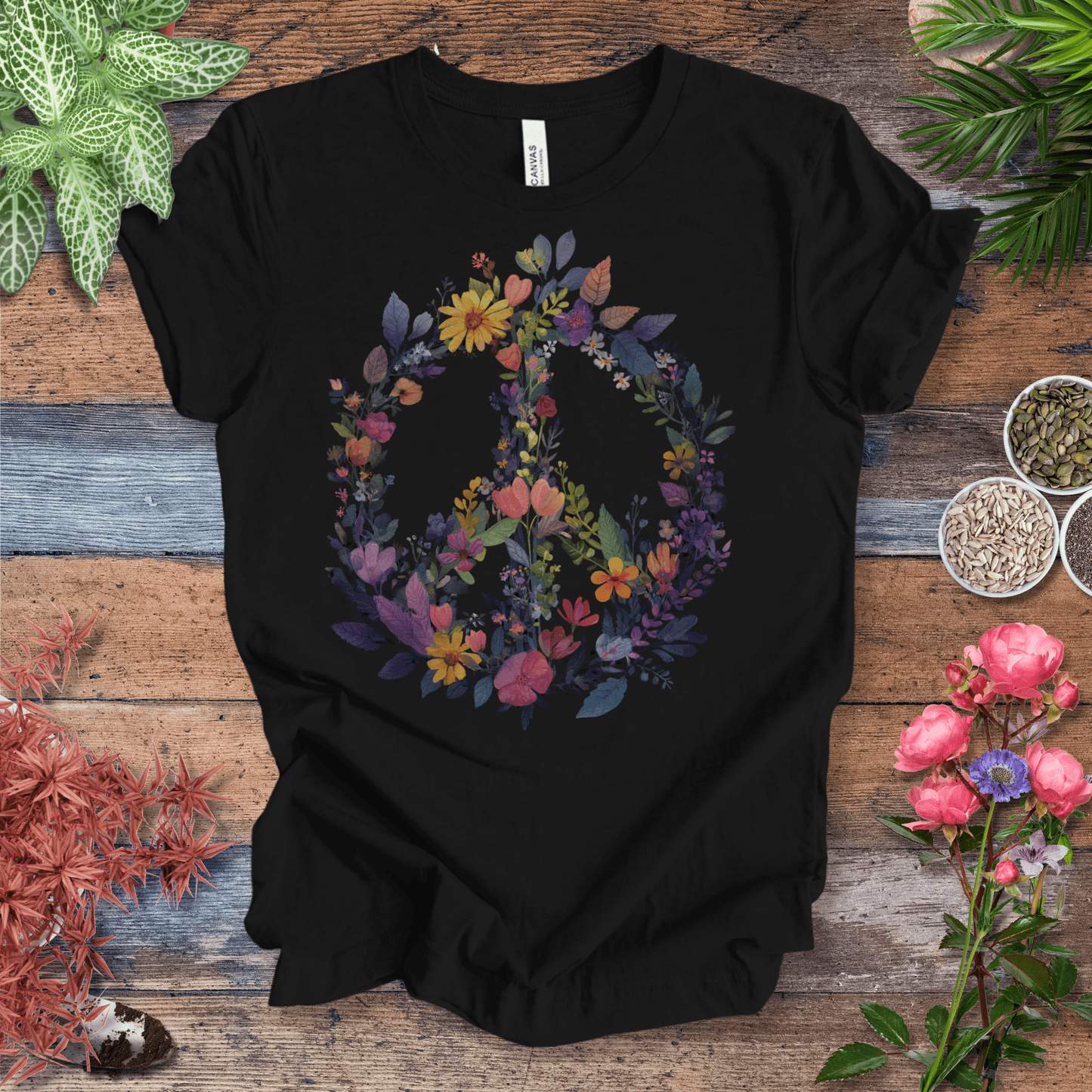 Printify T-Shirt Black Heather / S Rainbow Peace Sign Floral T-Shirt – Pastel Garden Wreath Tee | Eco-Friendly Plant Lover Gift | Sustainable Unisex Tee