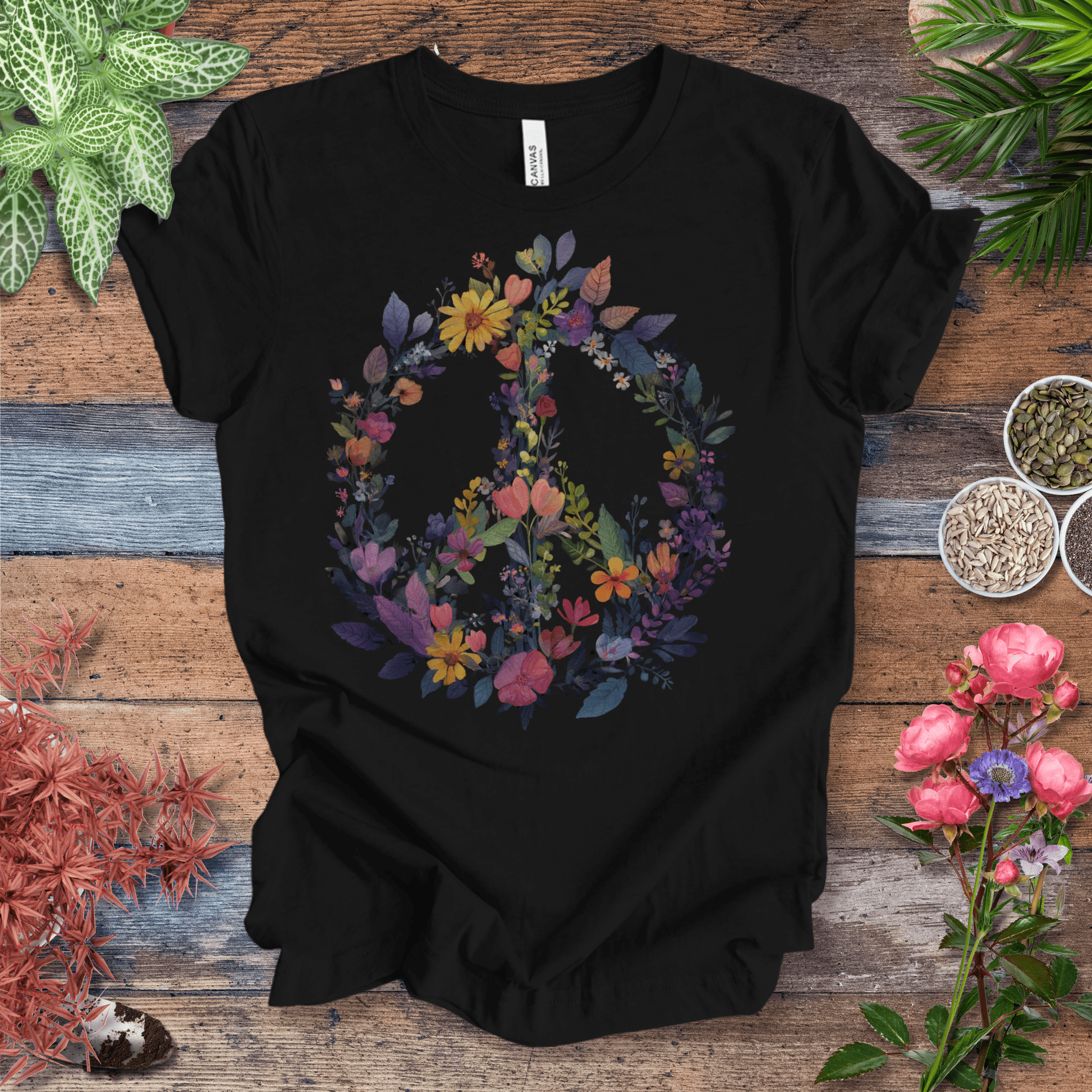 Printify T-Shirt Black Heather / S Rainbow Peace Sign Floral T-Shirt – Pastel Garden Wreath Tee | Eco-Friendly Plant Lover Gift | Sustainable Unisex Tee