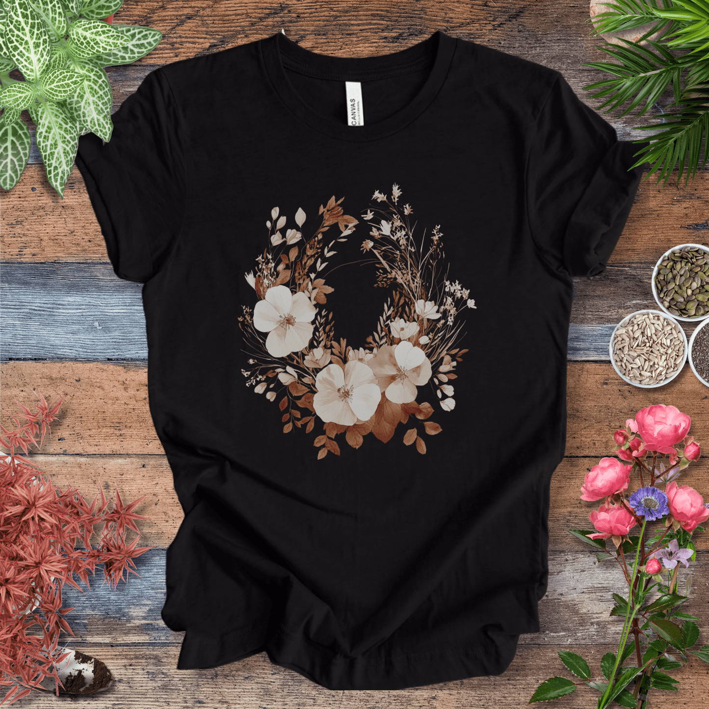 Printify T-Shirt Black Heather / S Rustic Floral Wreath Botanical T-Shirt
