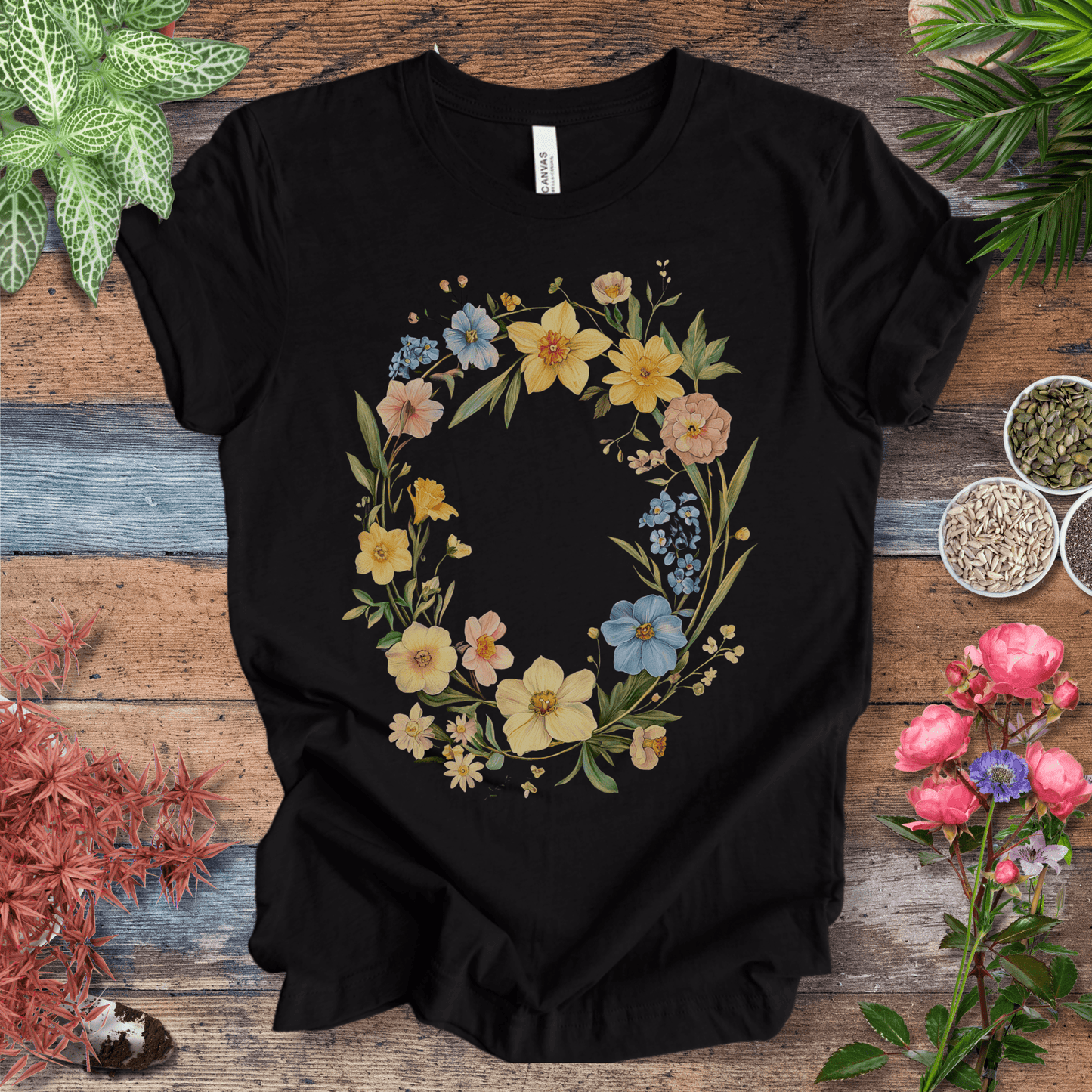 Printify T-Shirt Black Heather / S Spring Meadow Floral Wreath T-Shirt