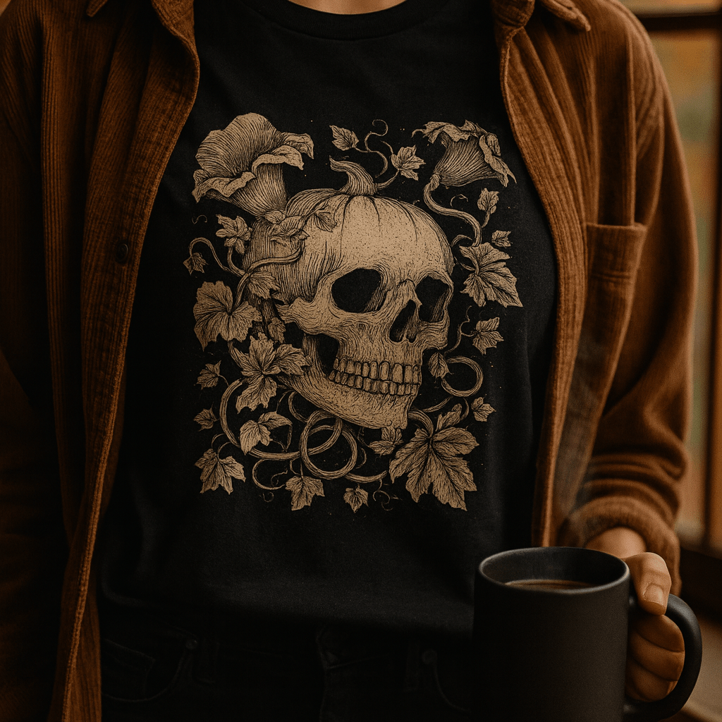Printify T-Shirt Botanical Skull & Pumpkin Vines Shirt – Halloween | Unisex Cotton