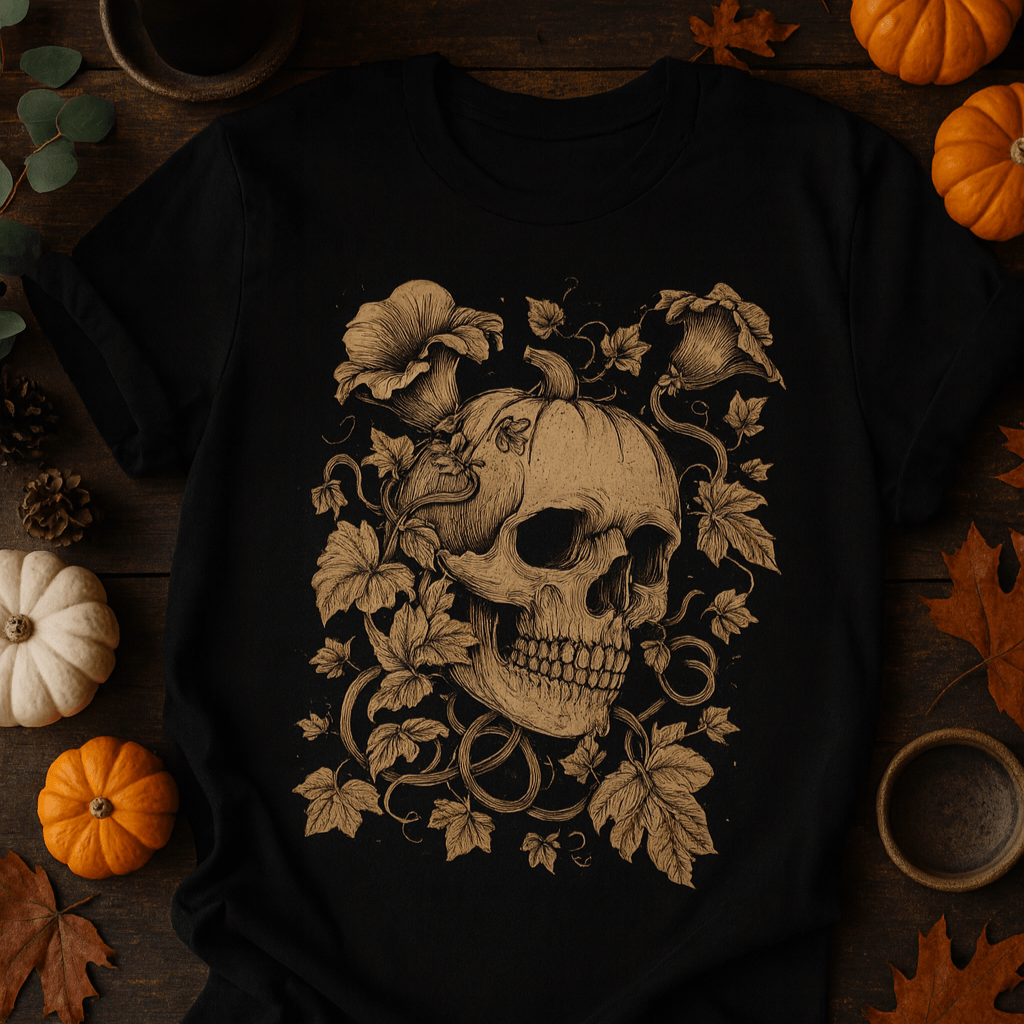 Printify T-Shirt Botanical Skull & Pumpkin Vines Shirt – Halloween | Unisex Cotton