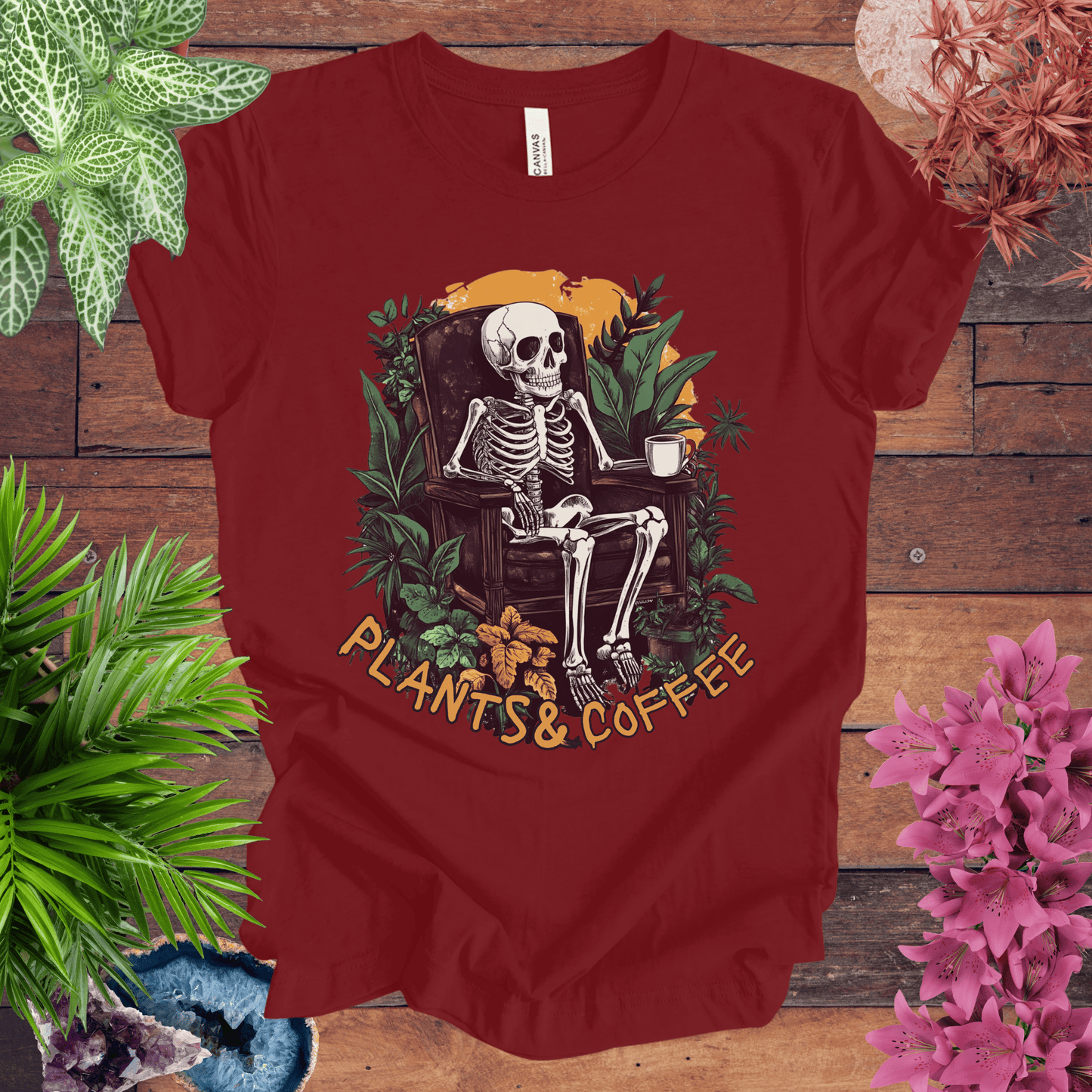 Printify T-Shirt Cardinal / S Plants & Coffee Skeleton T-Shirt