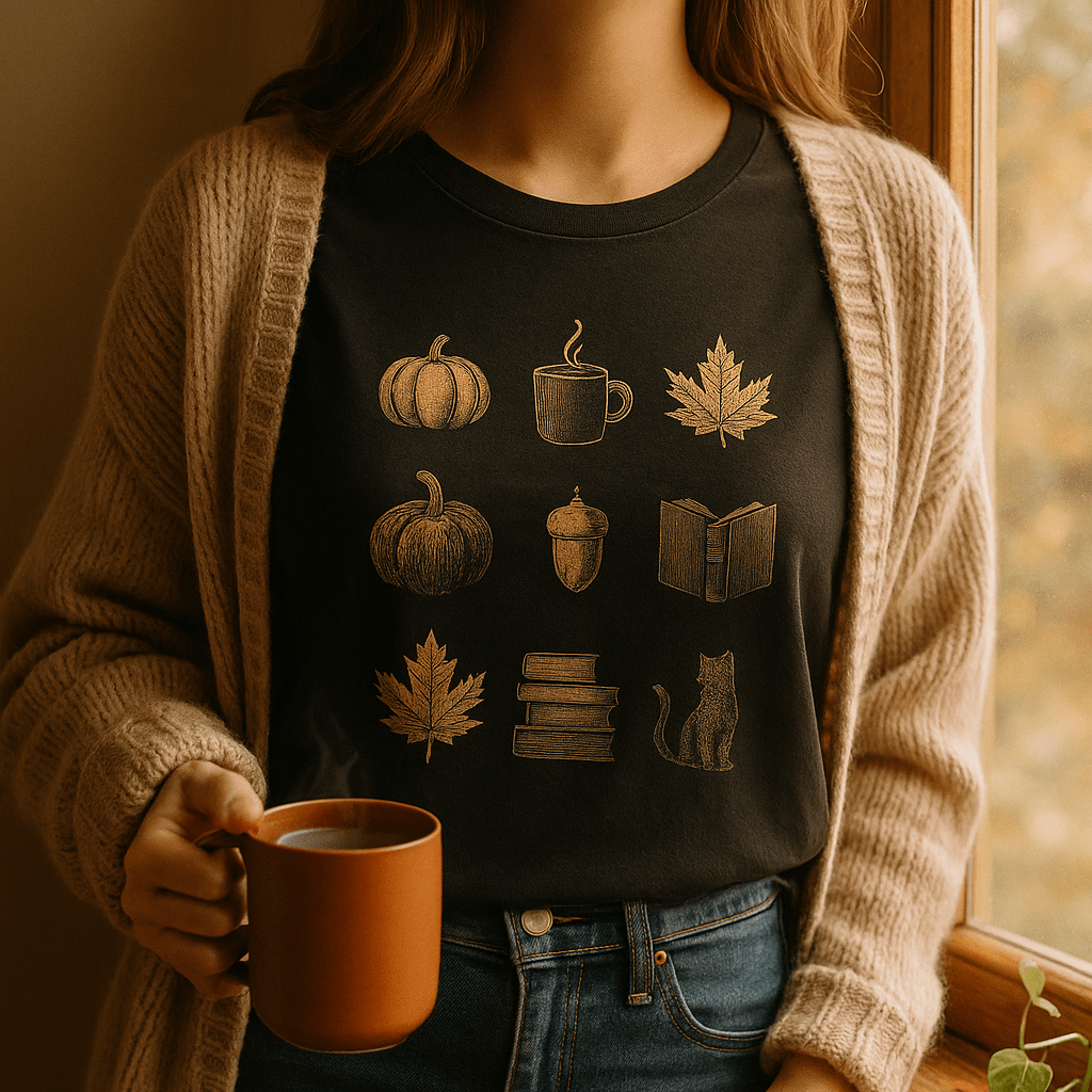 Printify T-Shirt Cozy Fall Icons Shirt – Pumpkin, Coffee & Cat Tee | Unisex