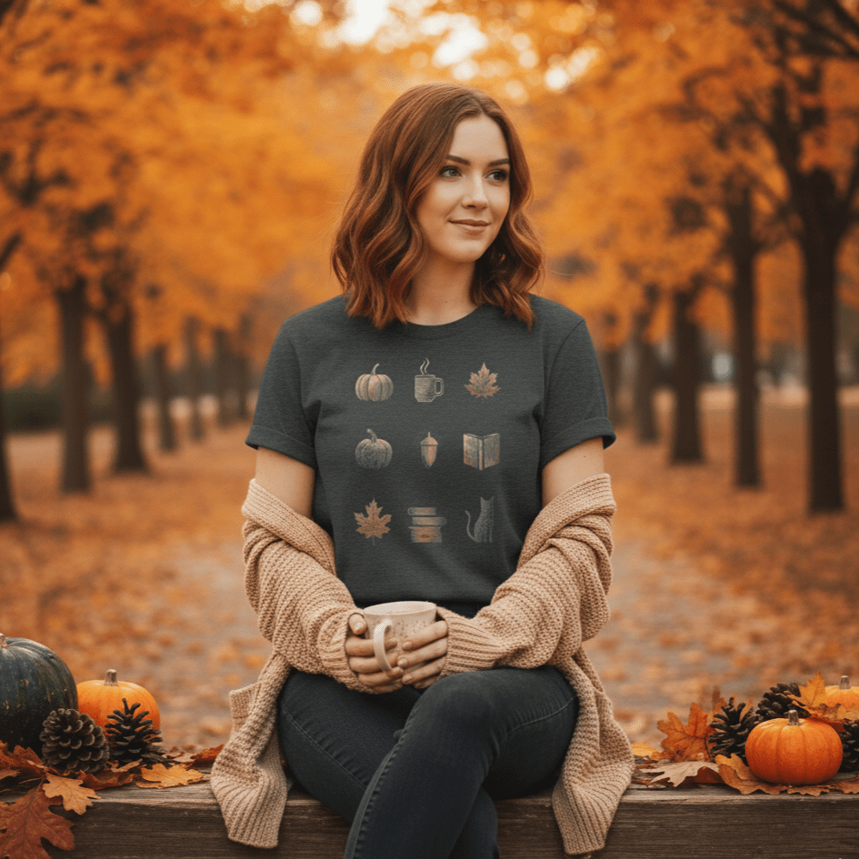 Printify T-Shirt Cozy Fall Icons Shirt – Pumpkin, Coffee & Cat Tee | Unisex