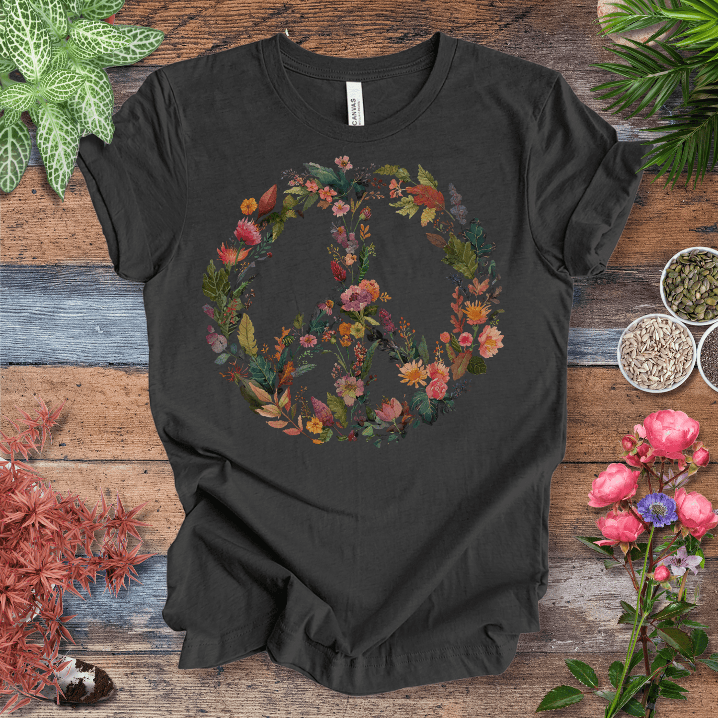 Printify T-Shirt Dark Grey Heather / S Autumn Floral Peace Wreath Tee – Fall Color Botanical T-Shirt | Sustainable Garden Lover Shirt | Plant Parent Gift