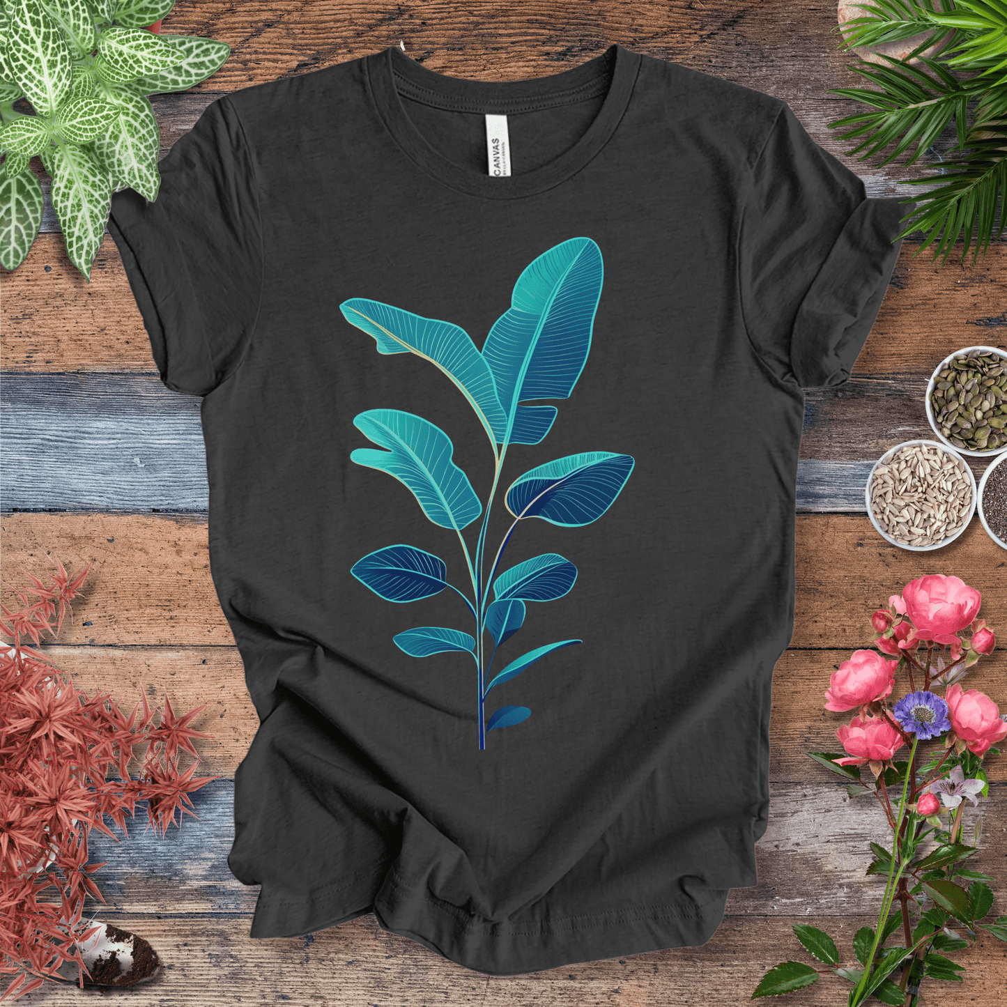 Printify T-Shirt Dark Grey Heather / S Blue Monstera Leaves Tropical Aesthetic Houseplant T-Shirt
