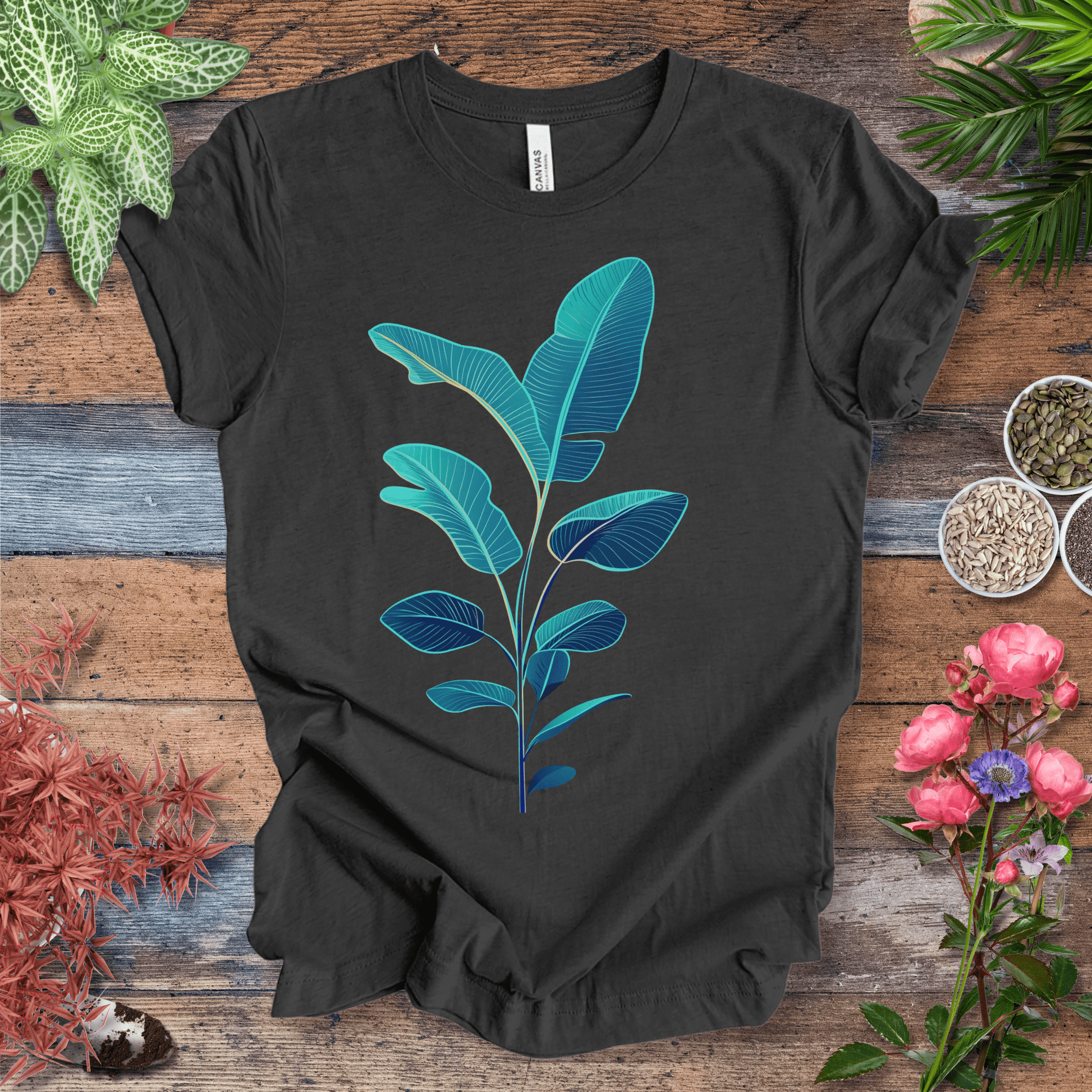 Printify T-Shirt Dark Grey Heather / S Blue Monstera Leaves Tropical Aesthetic Houseplant T-Shirt