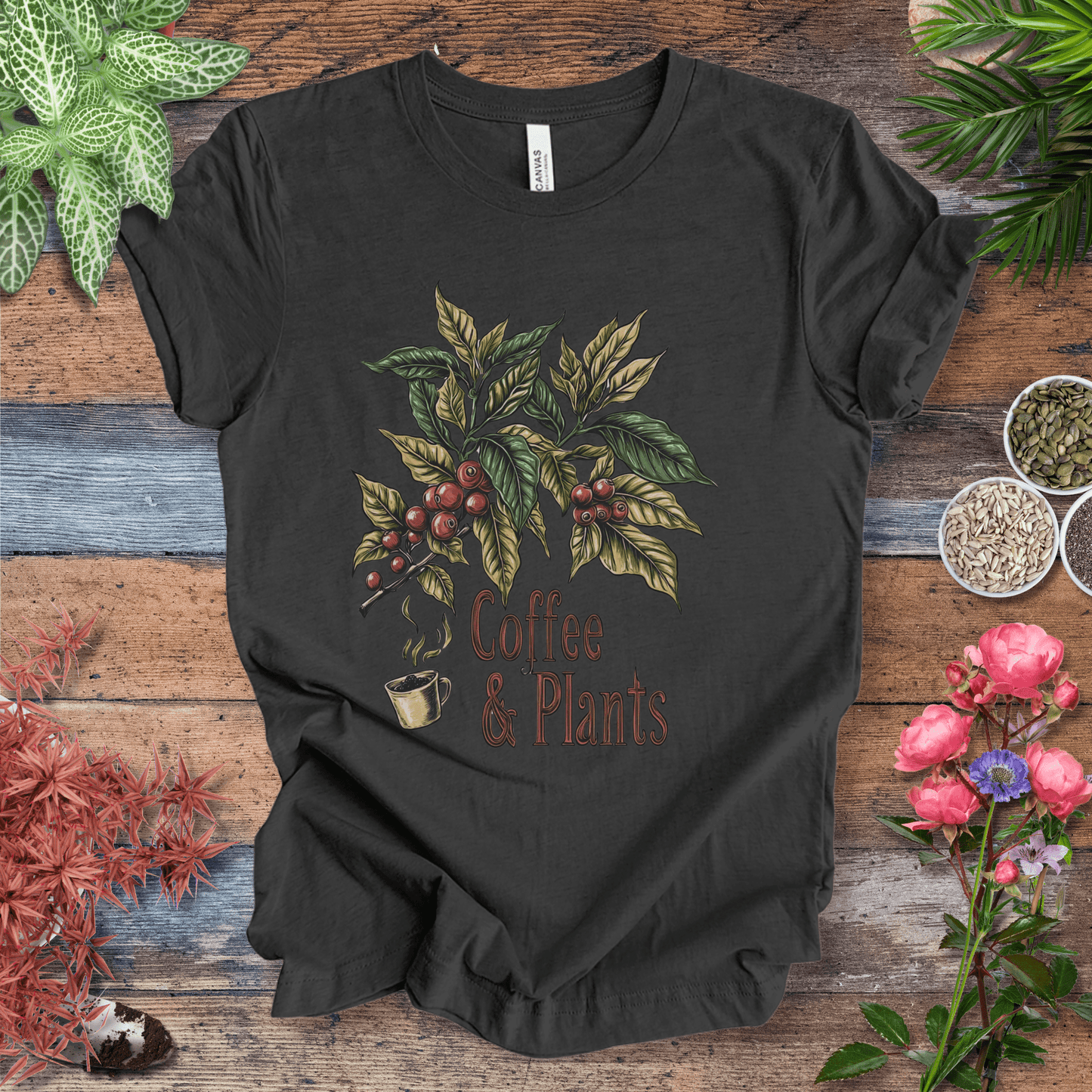 Printify T-Shirt Dark Grey Heather / S Coffee & Plants Botanical T-Shirt