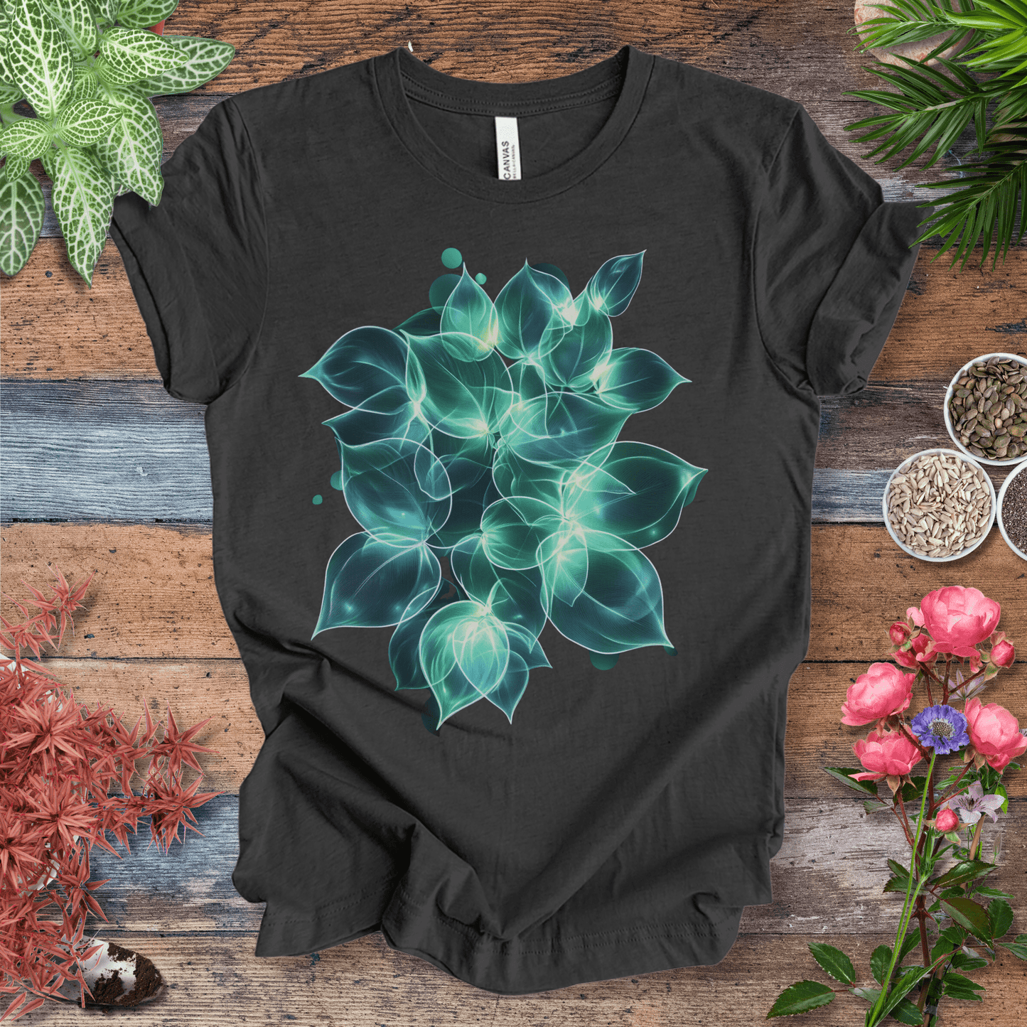 Printify T-Shirt Dark Grey Heather / S Ethereal Glowing Leaves Botanical Nature Lover T-Shirt