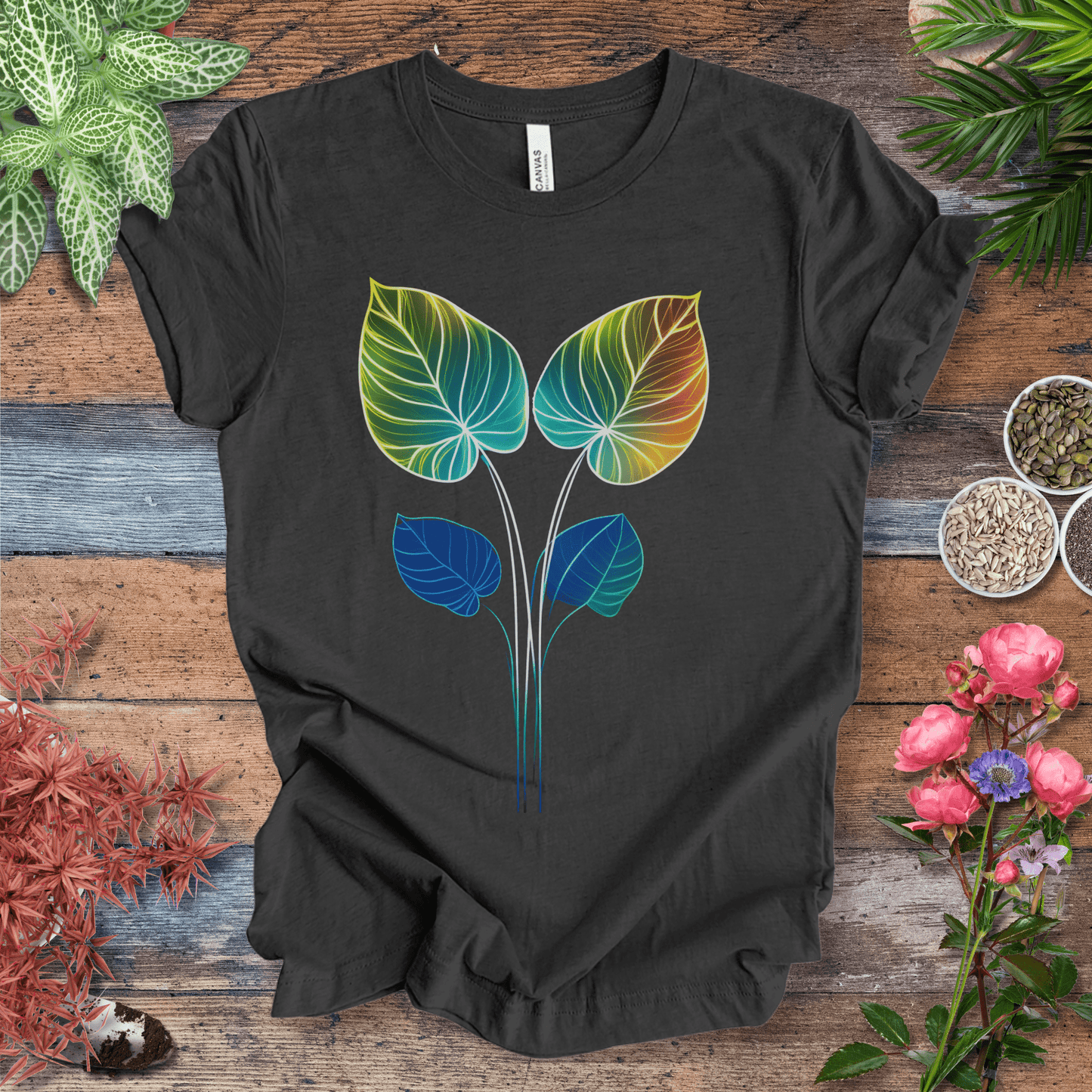 Printify T-Shirt Dark Grey Heather / S Glowing Futuristic Leaves Botanical Nature Lover T-Shirt