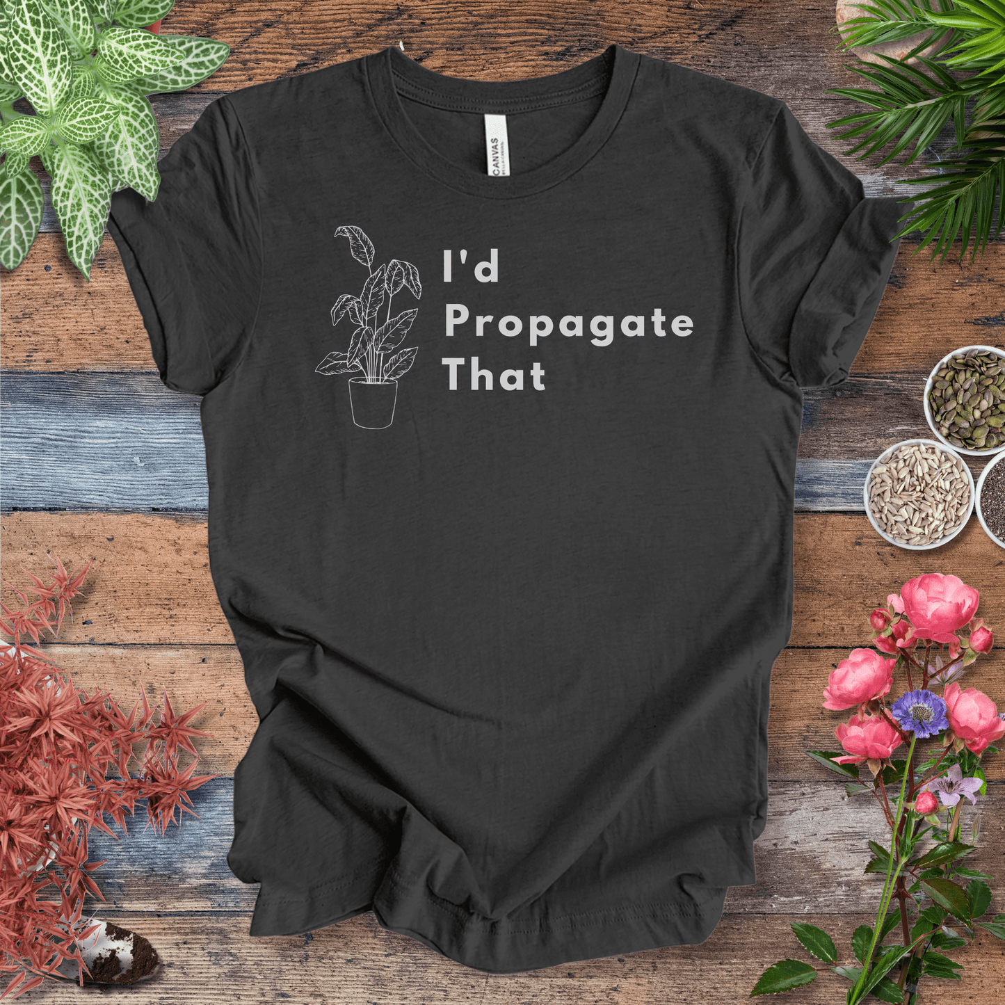 Printify T-Shirt Dark Grey Heather / S I’d Propagate That – Caladium Outline | Minimalist Plant Tee