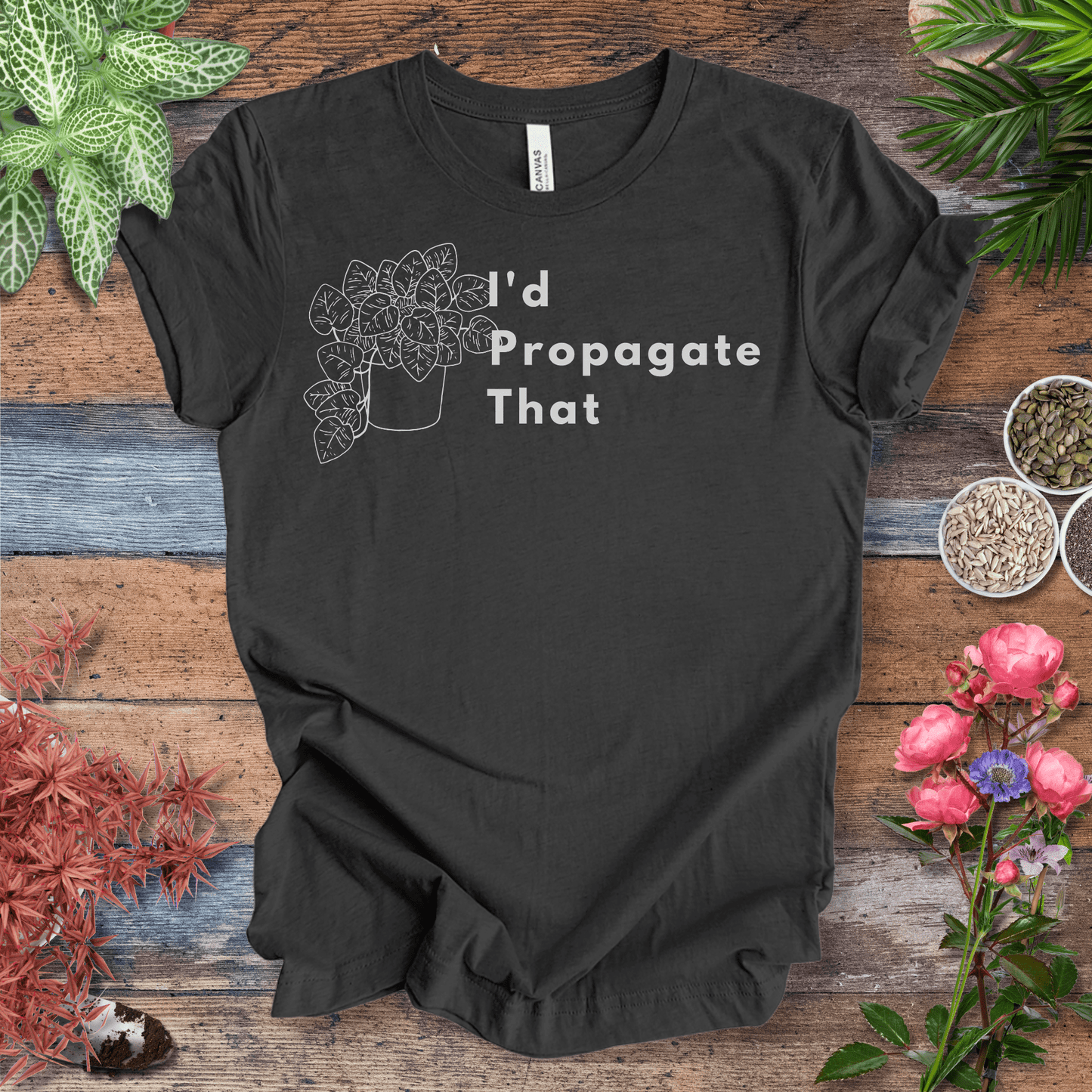 Printify T-Shirt Dark Grey Heather / S I’d Propagate That – Foliage Overflow | Bold Plant T‑Shirt