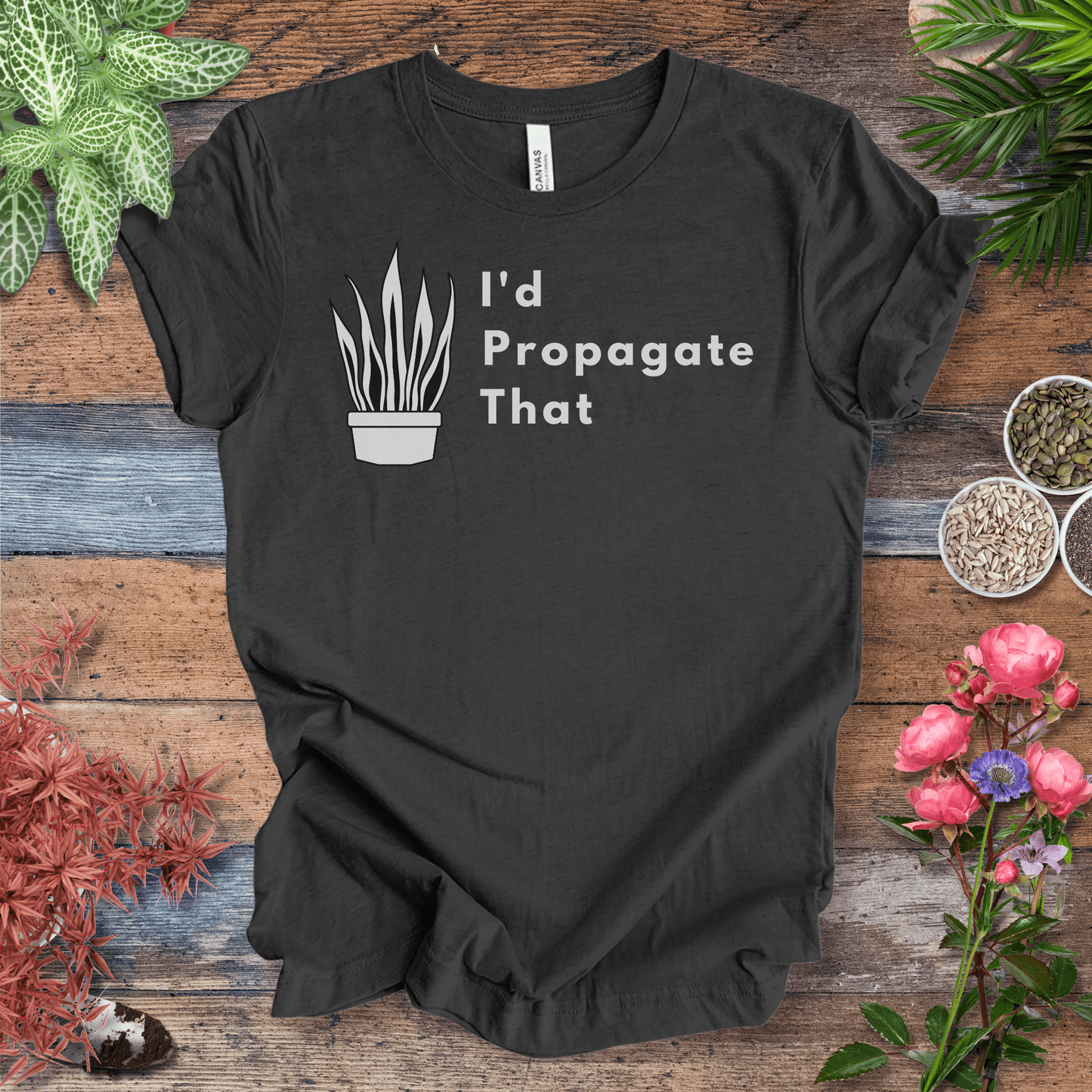 Printify T-Shirt Dark Grey Heather / S I’d Propagate That – Snake Plant Edition | Minimalist Houseplant Tee
