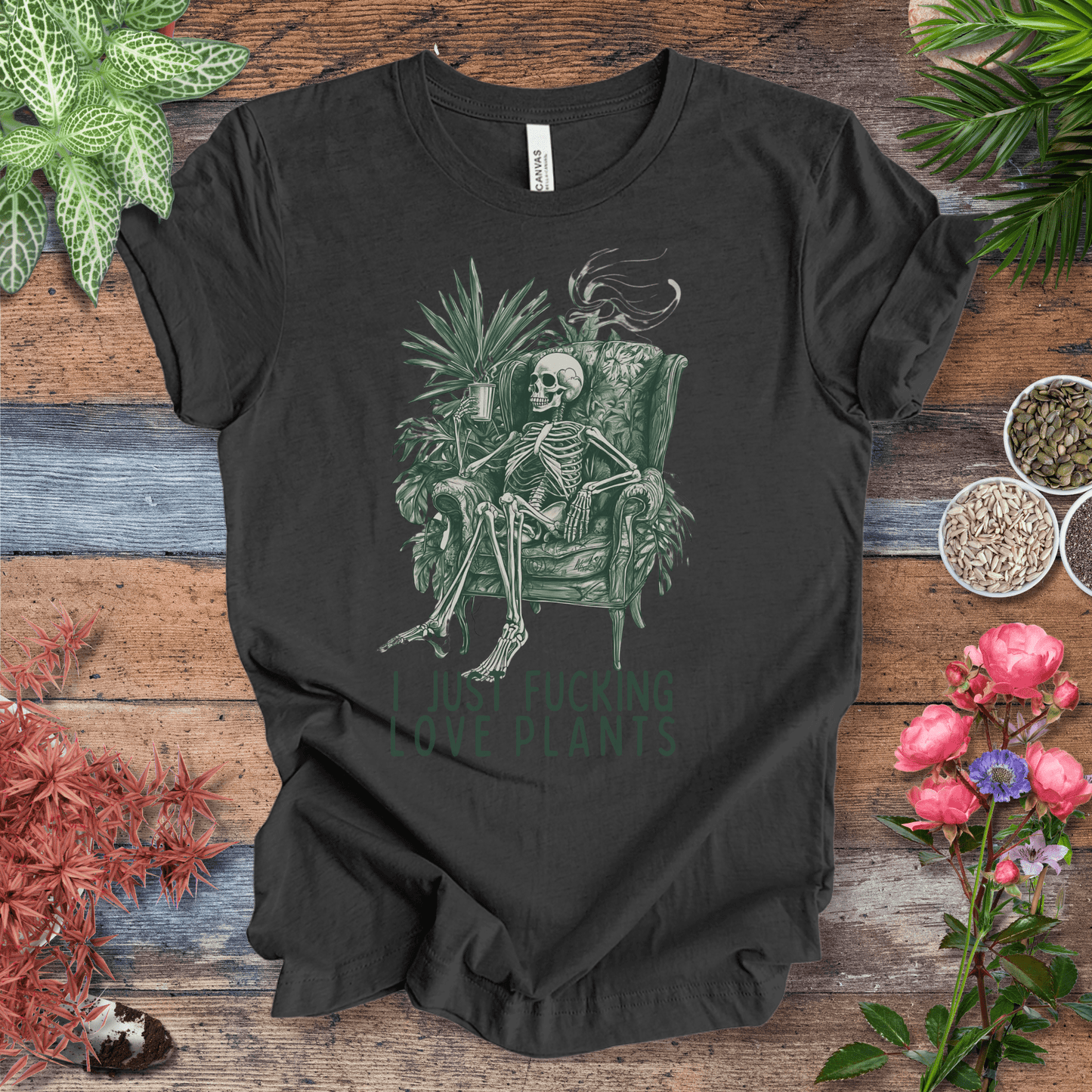 Printify T-Shirt Dark Grey Heather / S I Just Love Plants Skeleton T-Shirt
