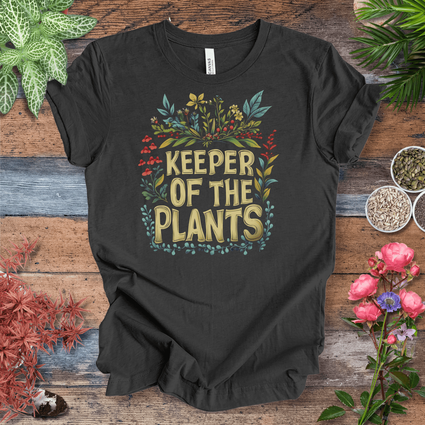 Printify T-Shirt Dark Grey Heather / S Keeper of the Plants – Colorful Blooms Edition | Plant Lover Tee