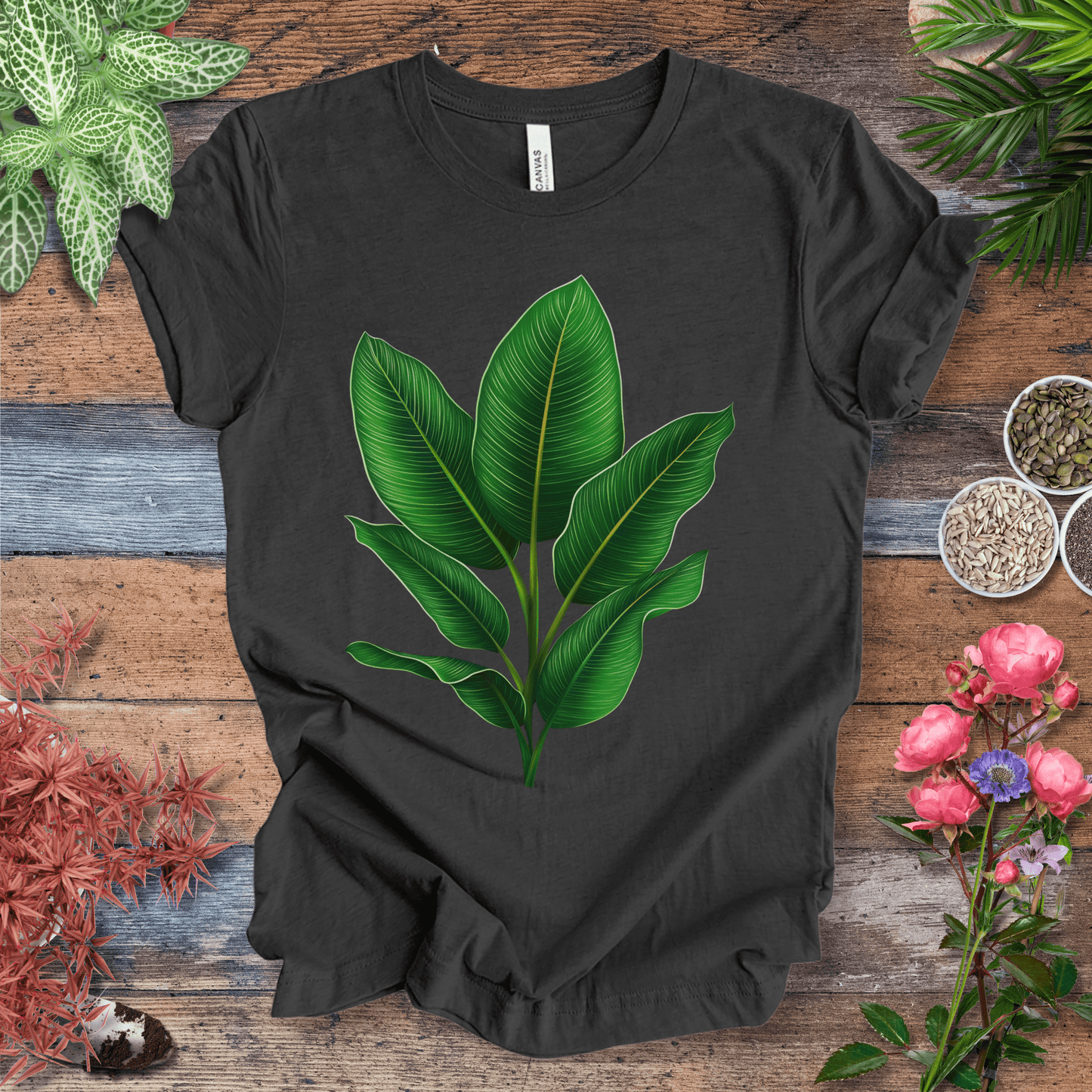 Printify T-Shirt Dark Grey Heather / S Lush Green Tropical Leaves Jungle Vibes Plant Lover T-Shirt