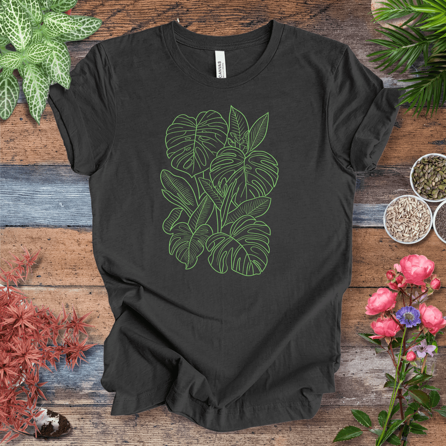 Printify T-Shirt Dark Grey Heather / S Minimalist Neon Monstera Plant T-Shirt
