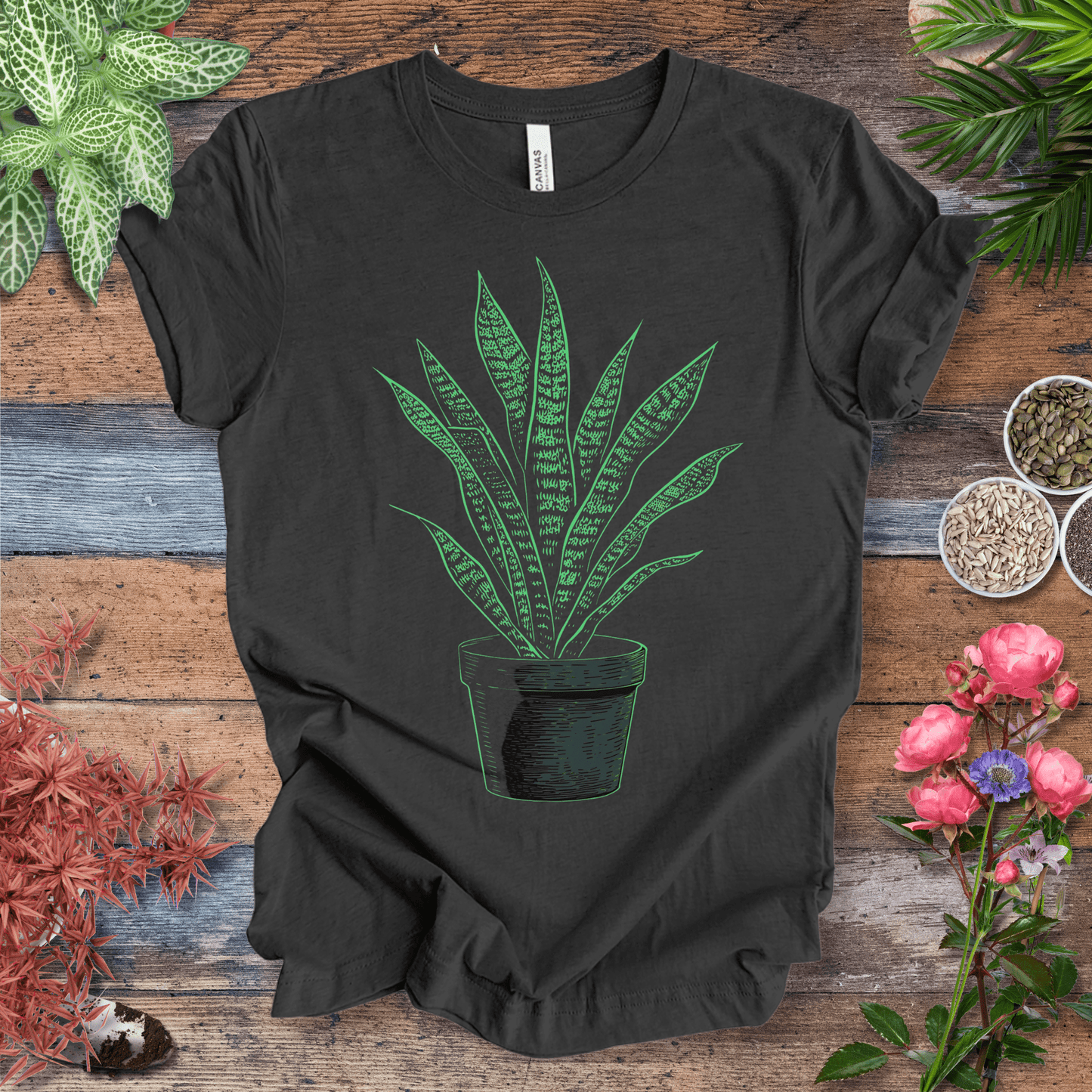 Printify T-Shirt Dark Grey Heather / S Minimalist Snake Plant Glow T-Shirt