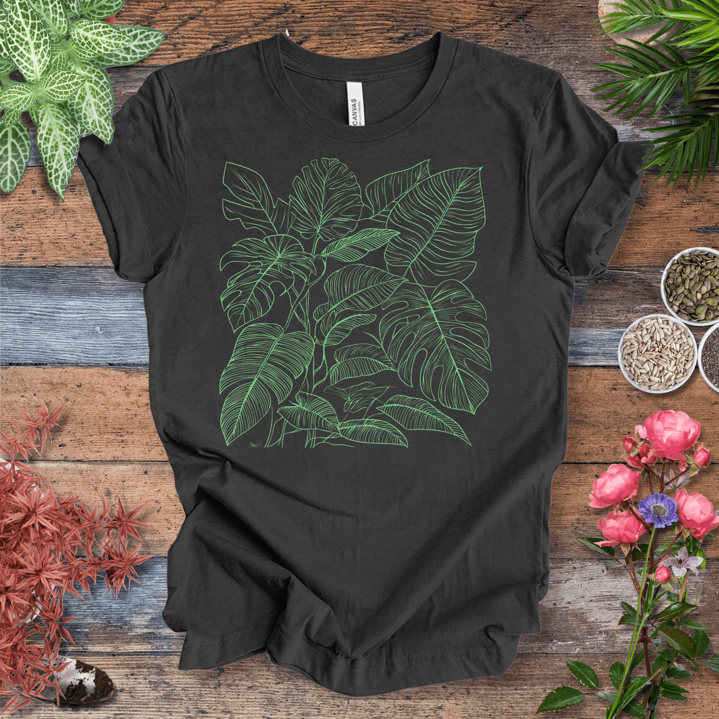 Printify T-Shirt Dark Grey Heather / S Monstera Jungle Line-Art T-Shirt – Neon Green Tropical Leaves Graphic Tee | Botanical Streetwear, Houseplant Lover Gift