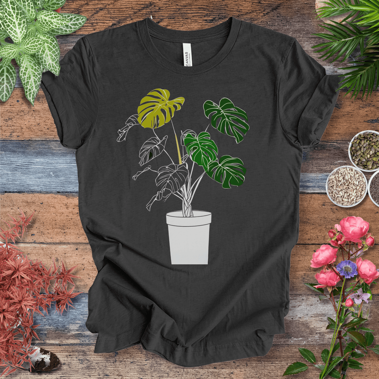 Printify T-Shirt Dark Grey Heather / S Monstera Line Art Potted Plant T-Shirt