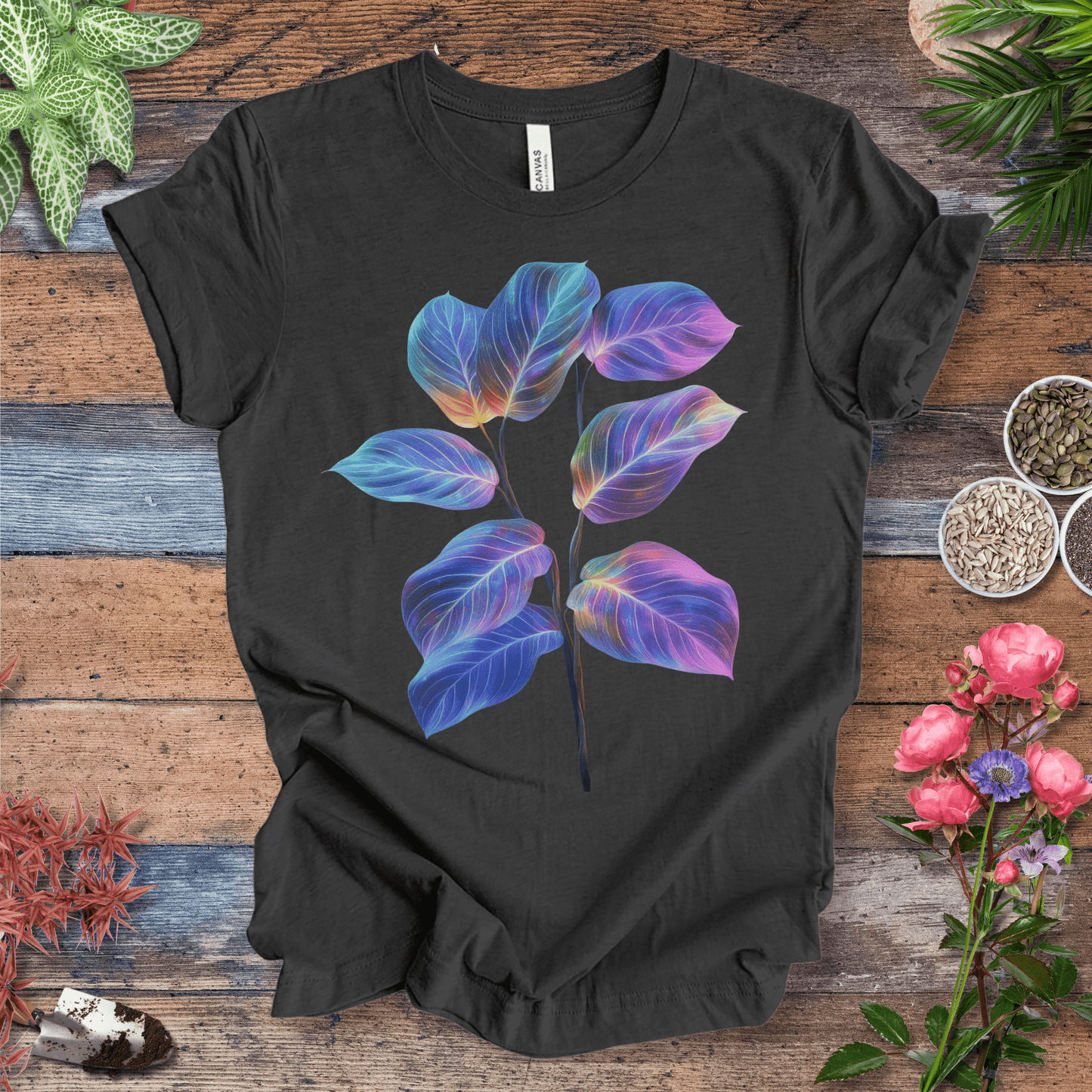 Printify T-Shirt Dark Grey Heather / S Neon Glow Calathea plant T-Shirt