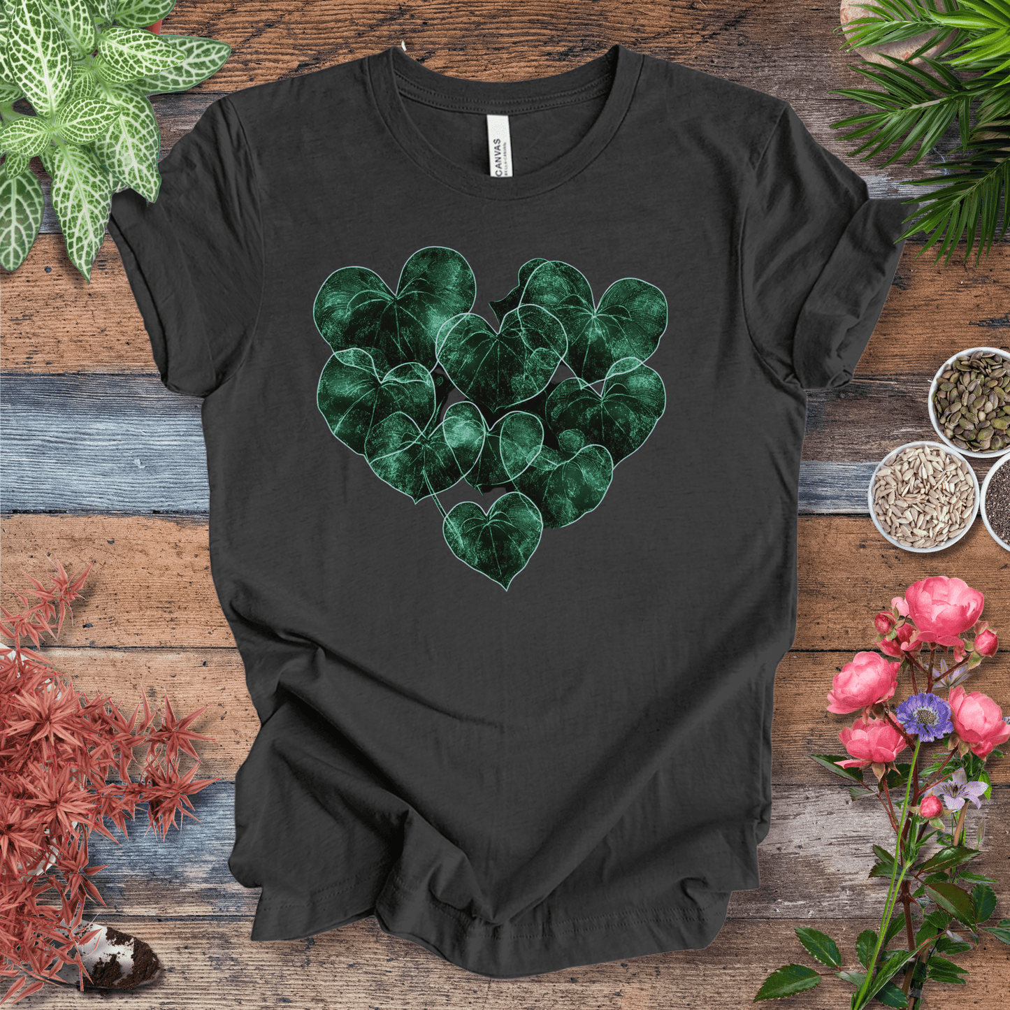 Printify T-Shirt Dark Grey Heather / S Neon Heart-Shaped Leaves Plant Parent Aesthetic T-Shirt