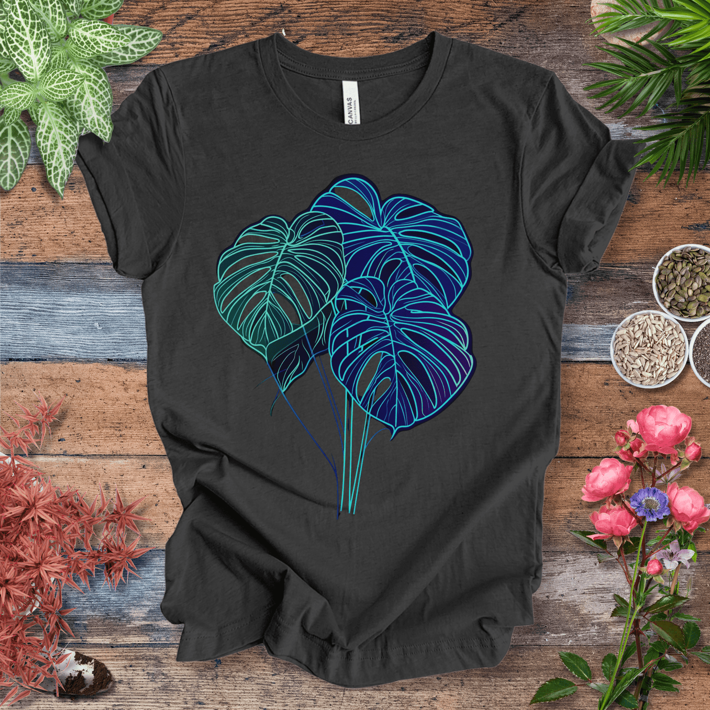 Printify T-Shirt Dark Grey Heather / S Neon Monstera Leaf Glow in the Dark Botanical T-Shirt