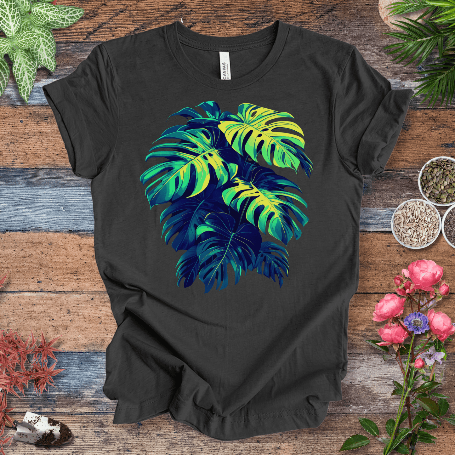 Printify T-Shirt Dark Grey Heather / S Neon Monstera Leaves T-Shirt