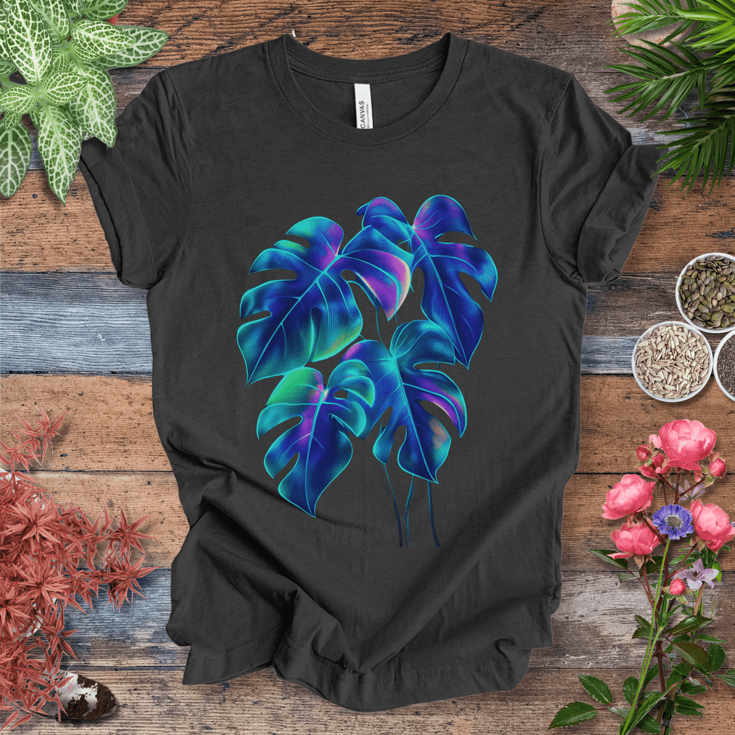 Printify T-Shirt Dark Grey Heather / S Neon Rainbow Monstera Jungle Aesthetic Plant Lover T-Shirt