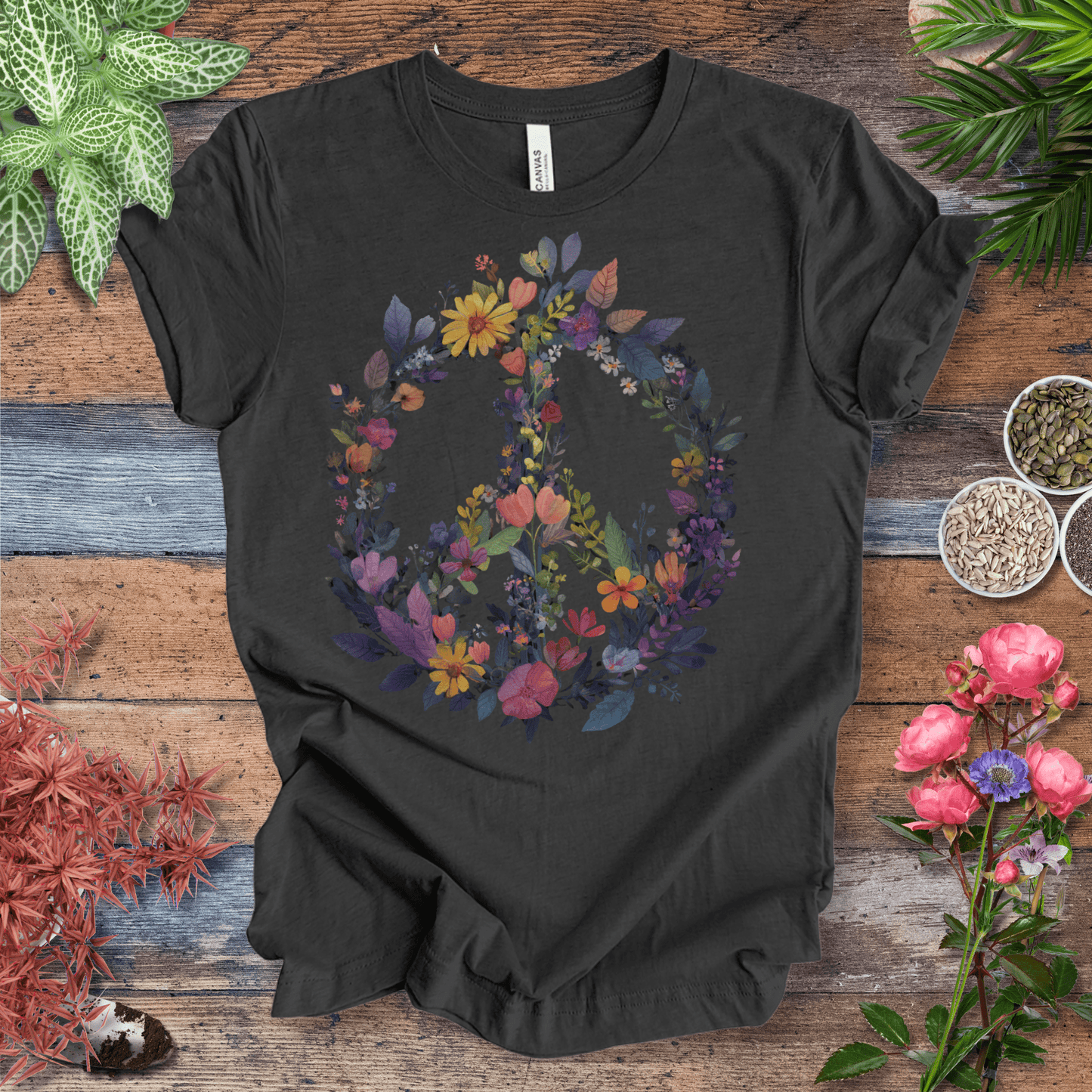 Printify T-Shirt Dark Grey Heather / S Rainbow Peace Sign Floral T-Shirt – Pastel Garden Wreath Tee | Eco-Friendly Plant Lover Gift | Sustainable Unisex Tee