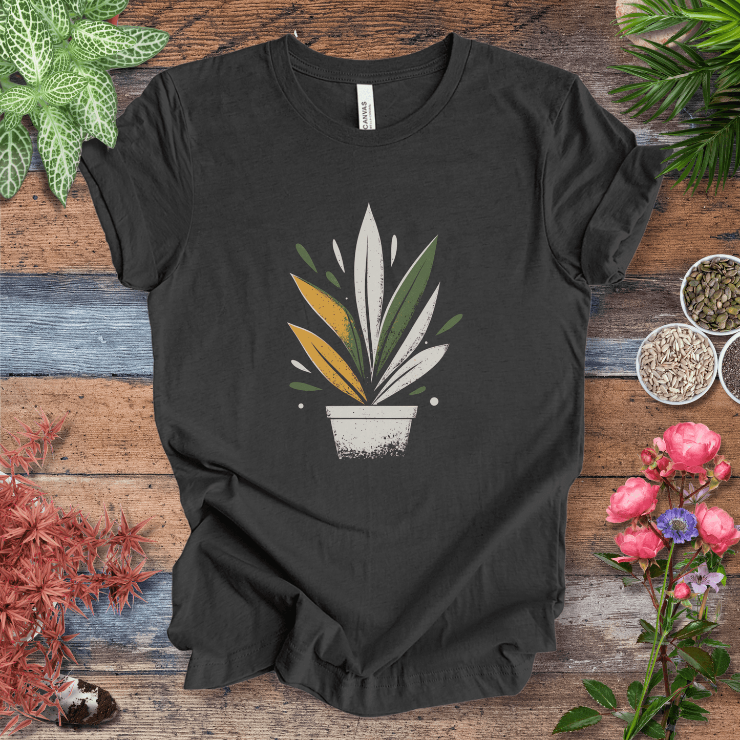 Printify T-Shirt Dark Grey Heather / S Retro Potted Plant T-Shirt
