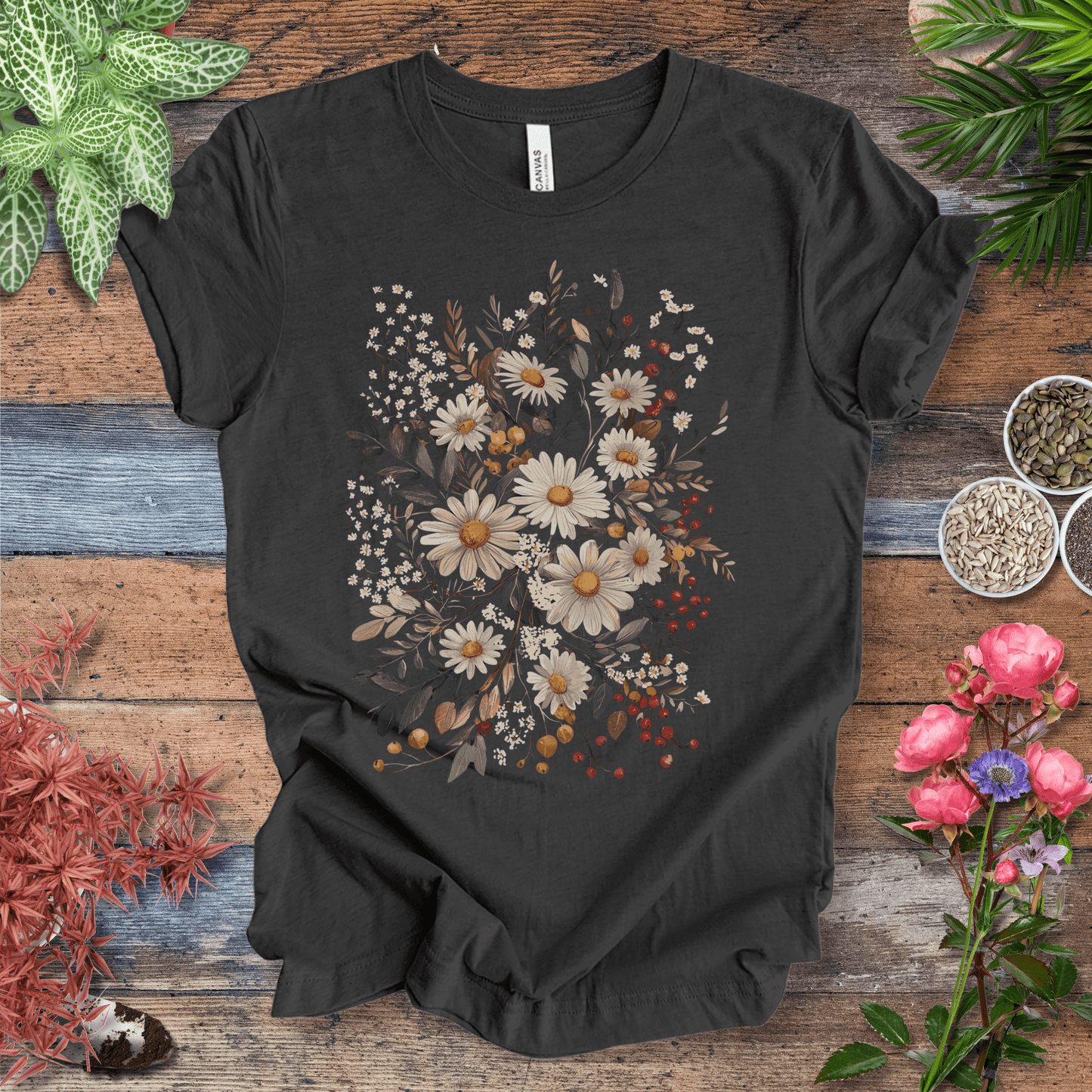 Printify T-Shirt Dark Grey Heather / S Rustic Daisy Bouquet Vintage T-Shirt