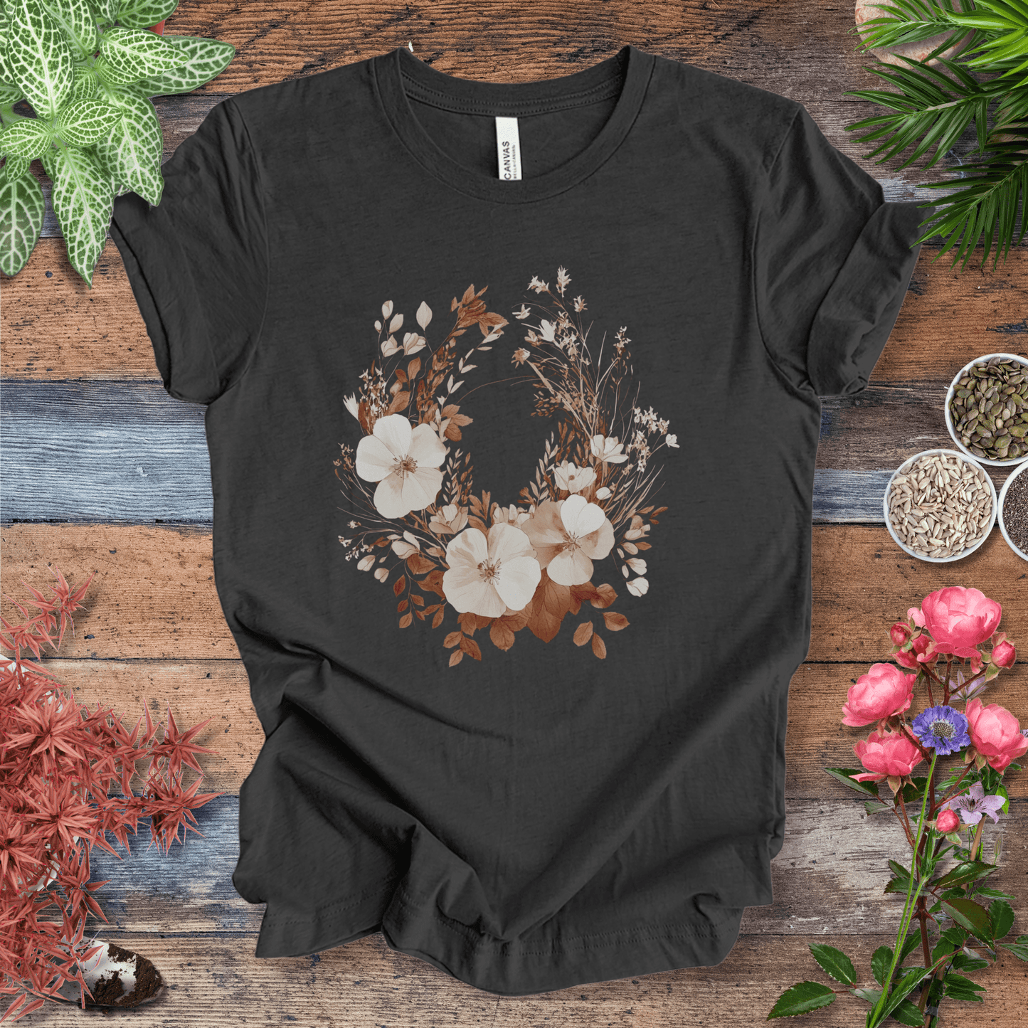 Printify T-Shirt Dark Grey Heather / S Rustic Floral Wreath Botanical T-Shirt