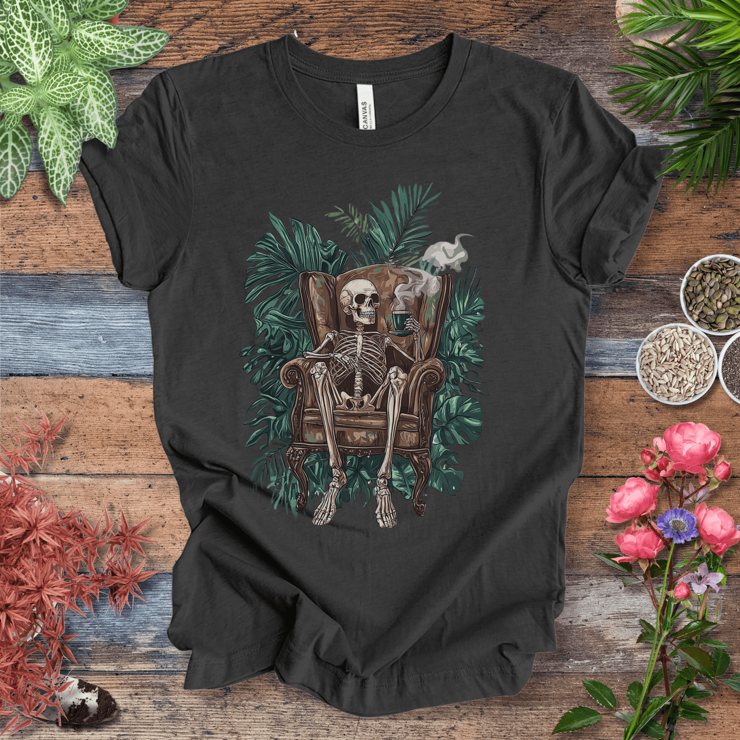 Printify T-Shirt Dark Grey Heather / S Skeleton Sip Jungle Vibes T-Shirt