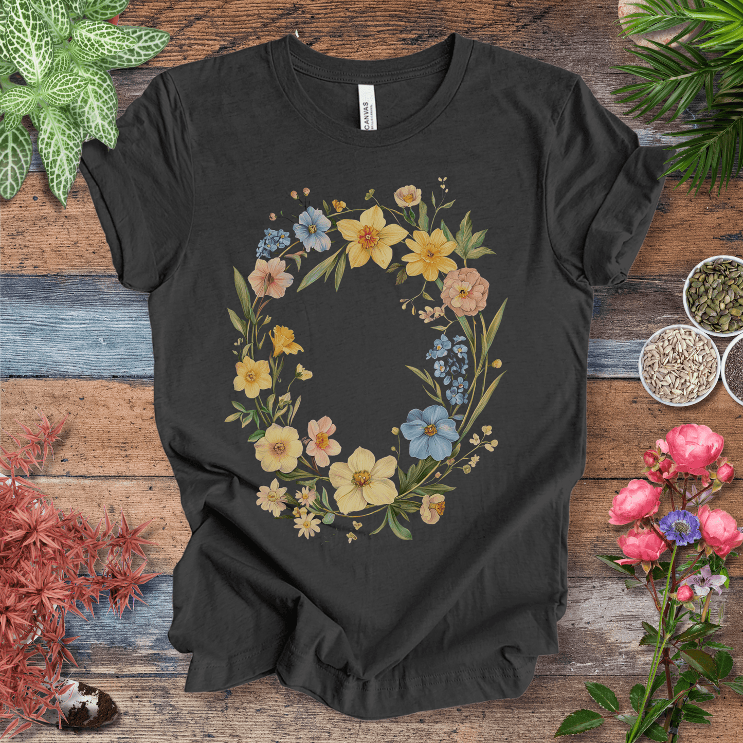 Printify T-Shirt Dark Grey Heather / S Spring Meadow Floral Wreath T-Shirt