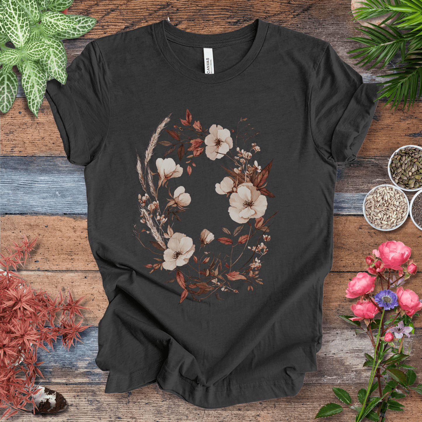 Printify T-Shirt Dark Grey Heather / S Vintage Floral Wreath Botanical T-Shirt