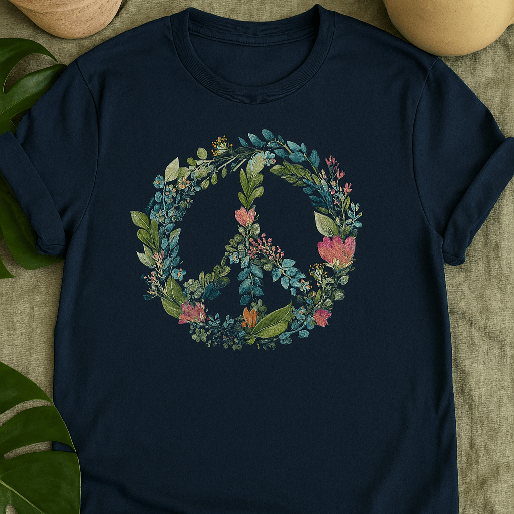 Printify T-Shirt Floral Peace Sign T-Shirt – Watercolor Green & Pink Botanical Wreath | Plant Lover Graphic Tee, Eco Cotton Unisex Shirt