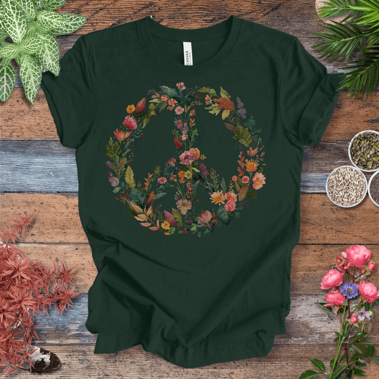 Printify T-Shirt Forest / S Autumn Floral Peace Wreath Tee – Fall Color Botanical T-Shirt | Sustainable Garden Lover Shirt | Plant Parent Gift
