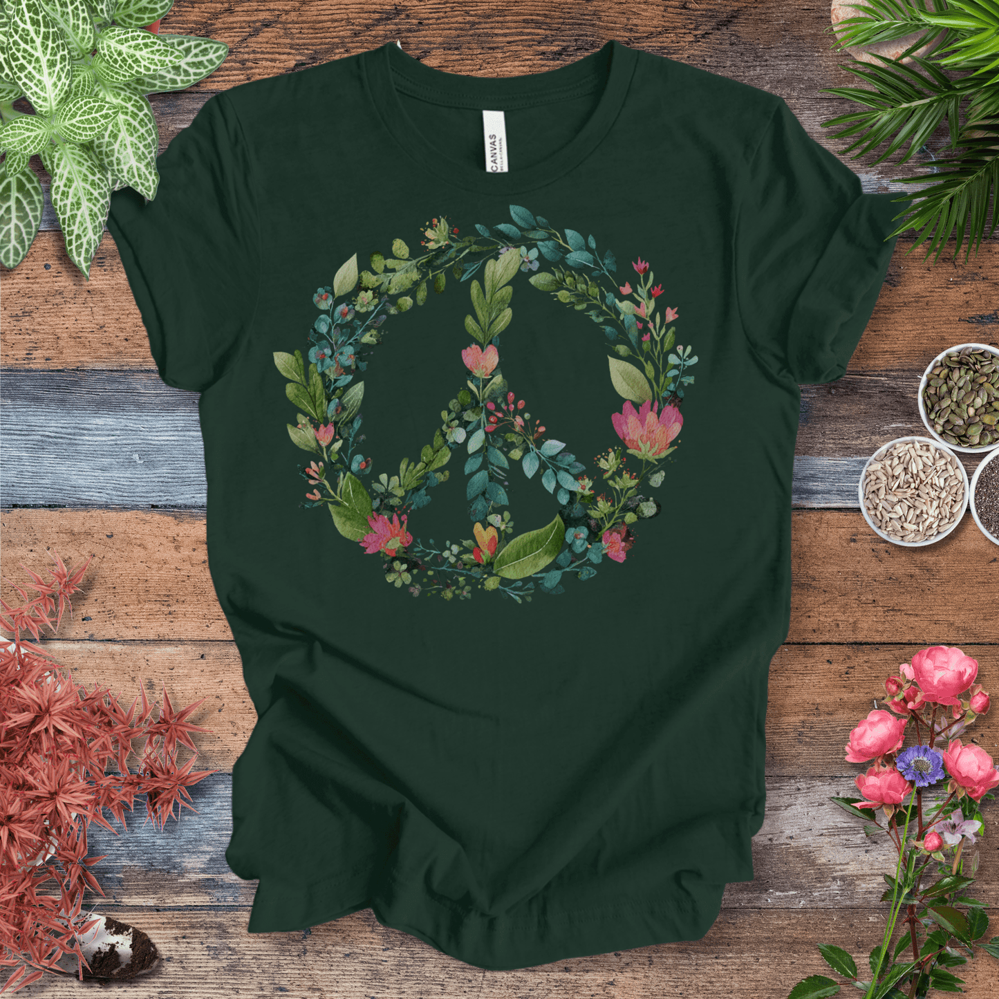 Printify T-Shirt Forest / S Floral Peace Sign T-Shirt – Watercolor Green & Pink Botanical Wreath | Plant Lover Graphic Tee, Eco Cotton Unisex Shirt