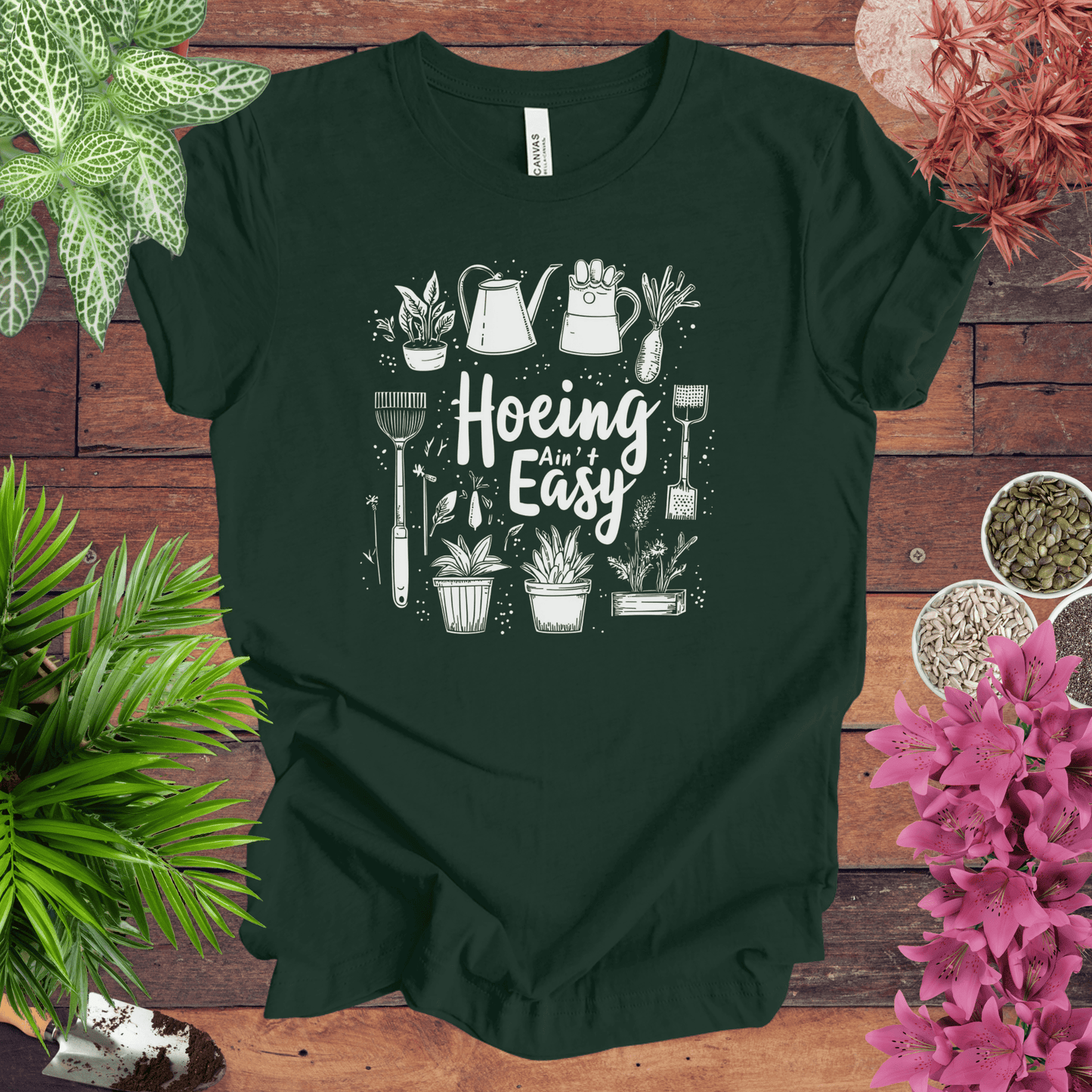 Printify T-Shirt Forest / S Hoeing Ain’t Easy Gardening Tools T-Shirt
