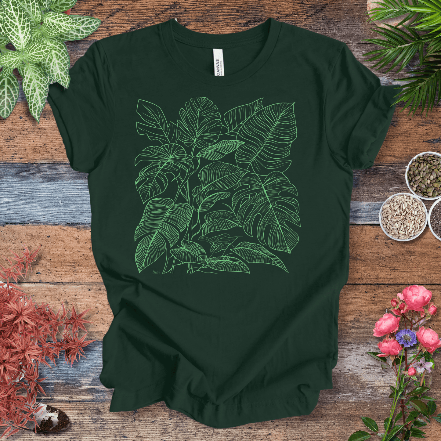 Printify T-Shirt Forest / S Monstera Jungle Line-Art T-Shirt – Neon Green Tropical Leaves Graphic Tee | Botanical Streetwear, Houseplant Lover Gift