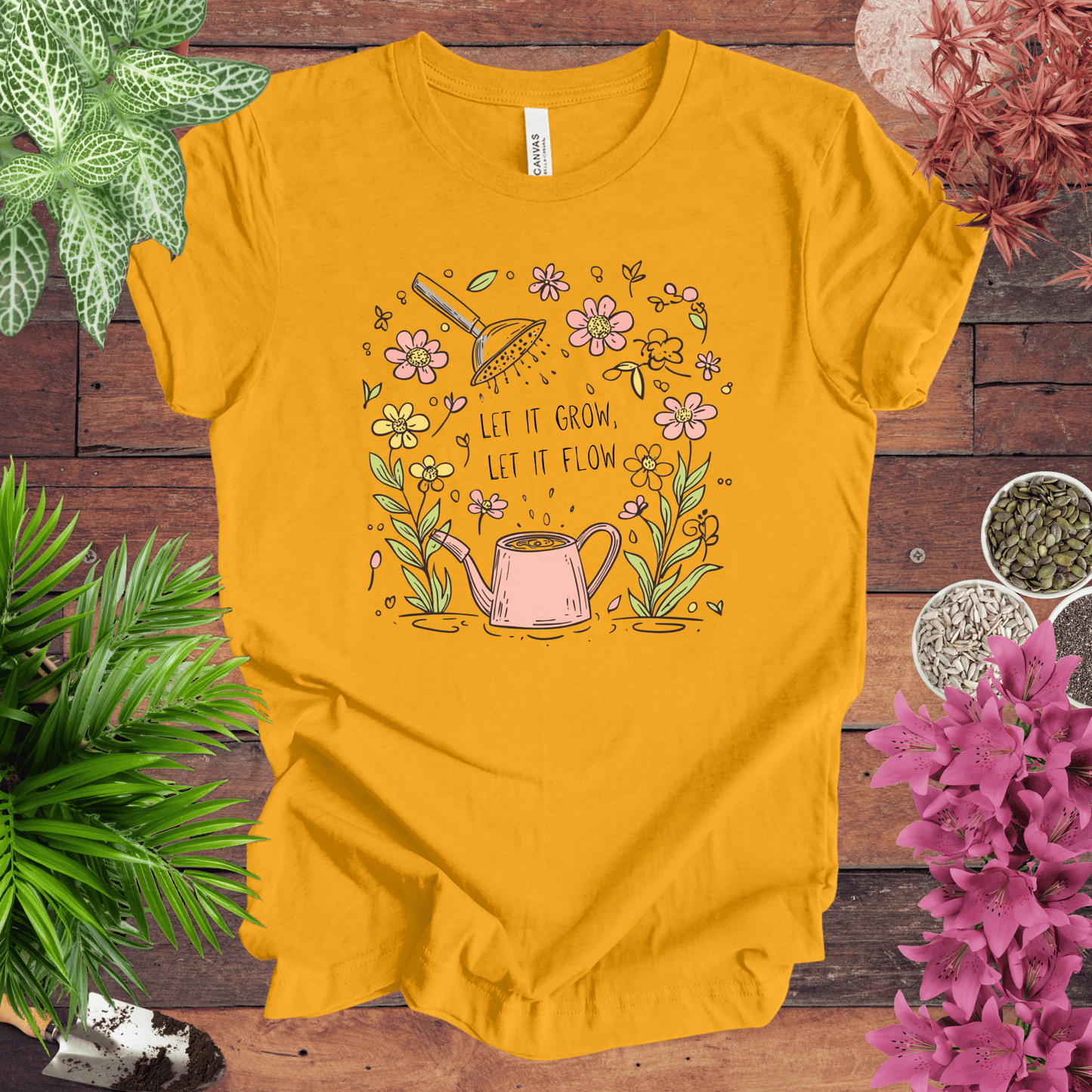 Printify T-Shirt Gold / S Pink Watering Can Floral T-Shirt
