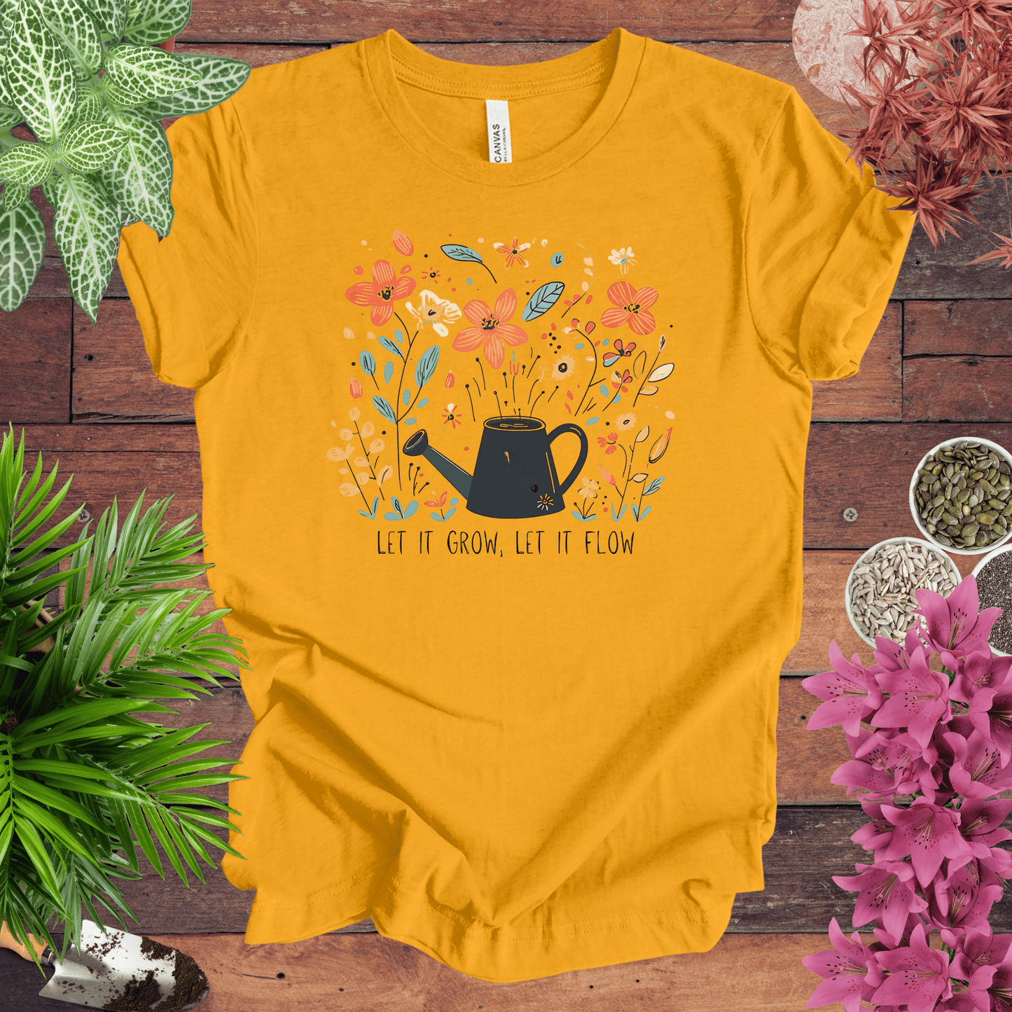 Printify T-Shirt Gold / S Whimsical Watering Can and Flowers T-Shirt
