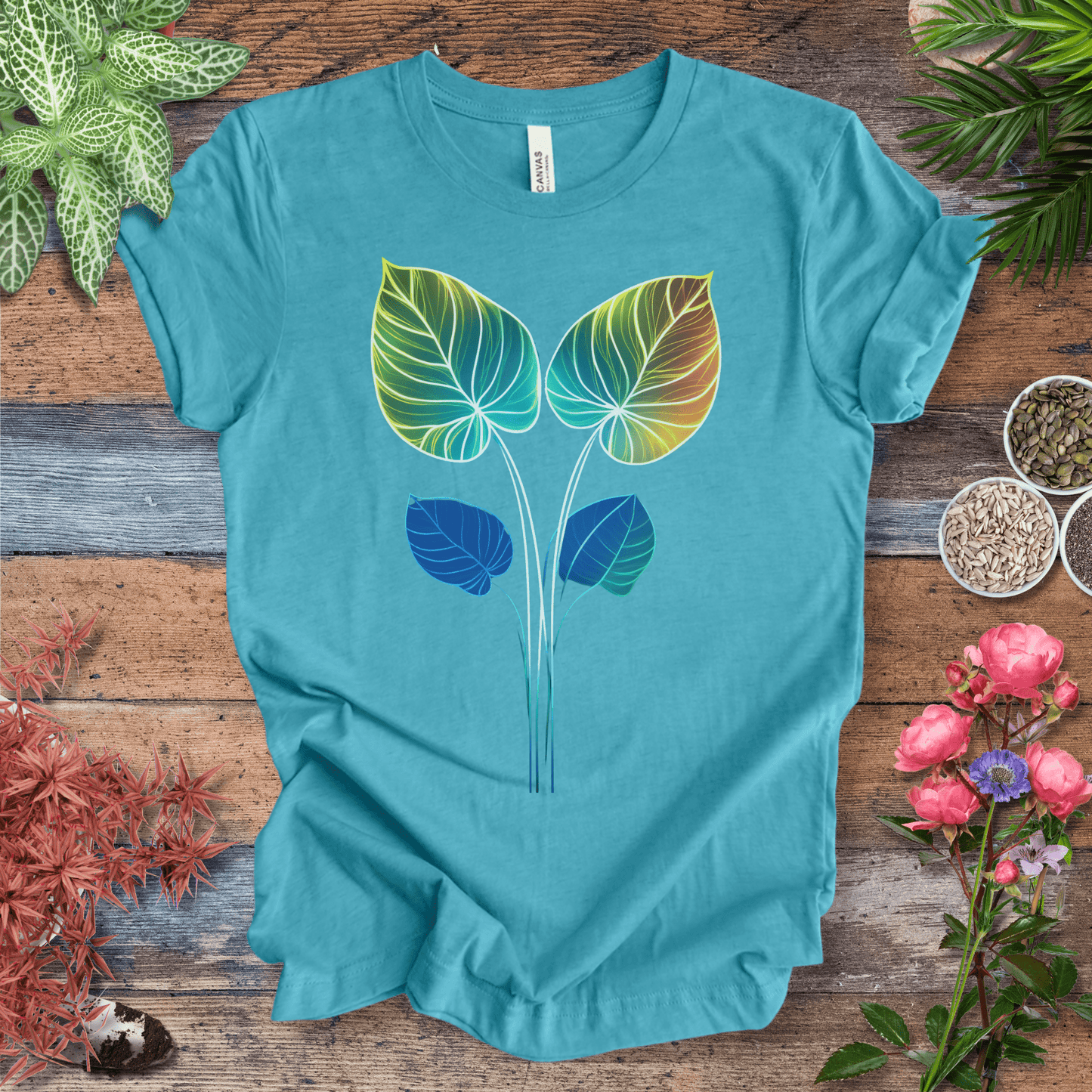 Printify T-Shirt Heather Aqua / S Glowing Futuristic Leaves Botanical Nature Lover T-Shirt