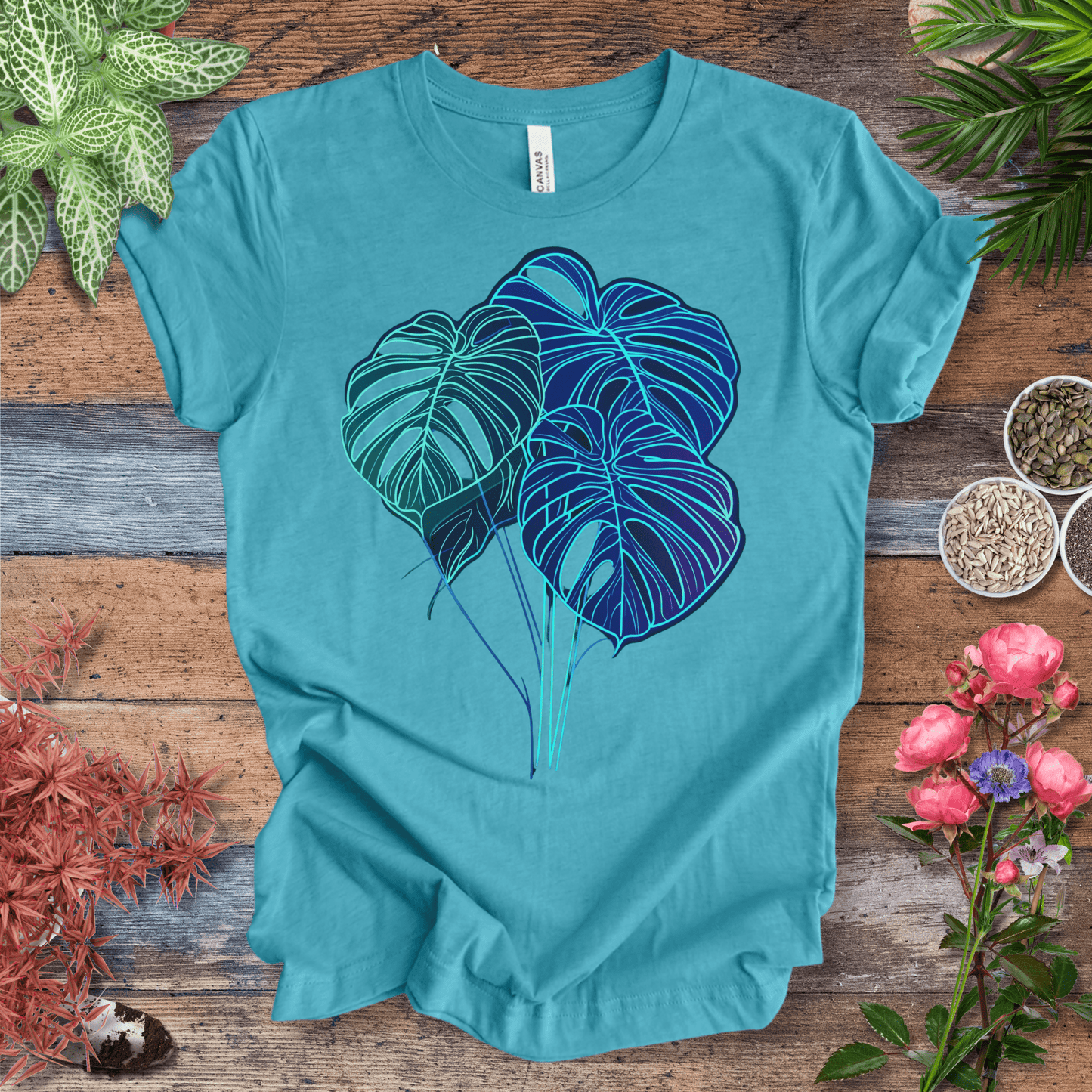 Printify T-Shirt Heather Aqua / S Neon Monstera Leaf Glow in the Dark Botanical T-Shirt