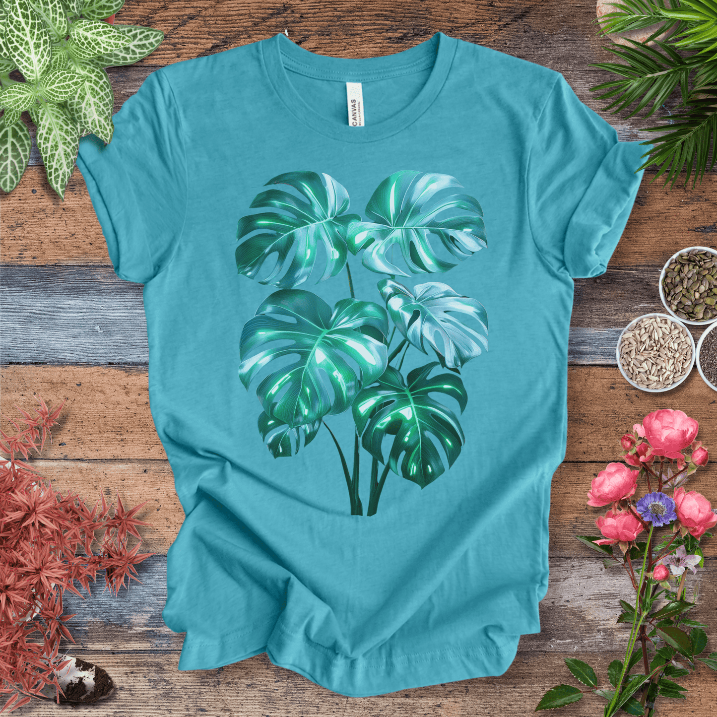 Printify T-Shirt Heather Aqua / S Shiny Monstera Leaf Jungle Aesthetic Plant Lover T-Shirt