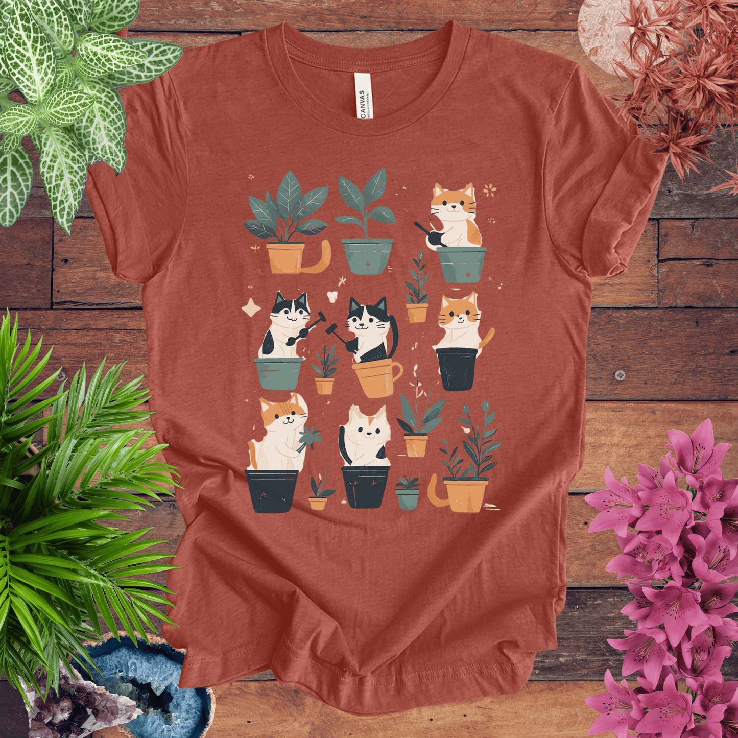 Printify T-Shirt Heather Clay / S Curious Cats and Houseplants T-Shirt