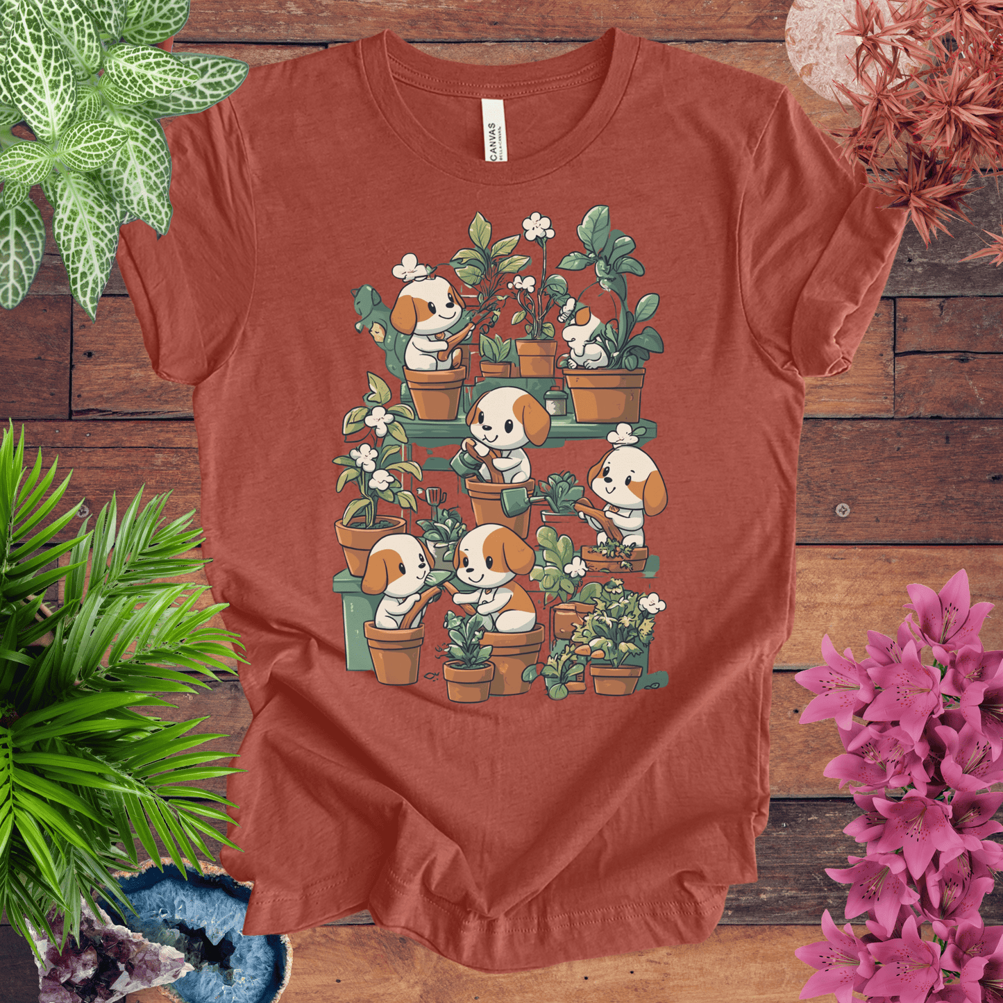Printify T-Shirt Heather Clay / S Puppy Garden Gathering T-Shirt